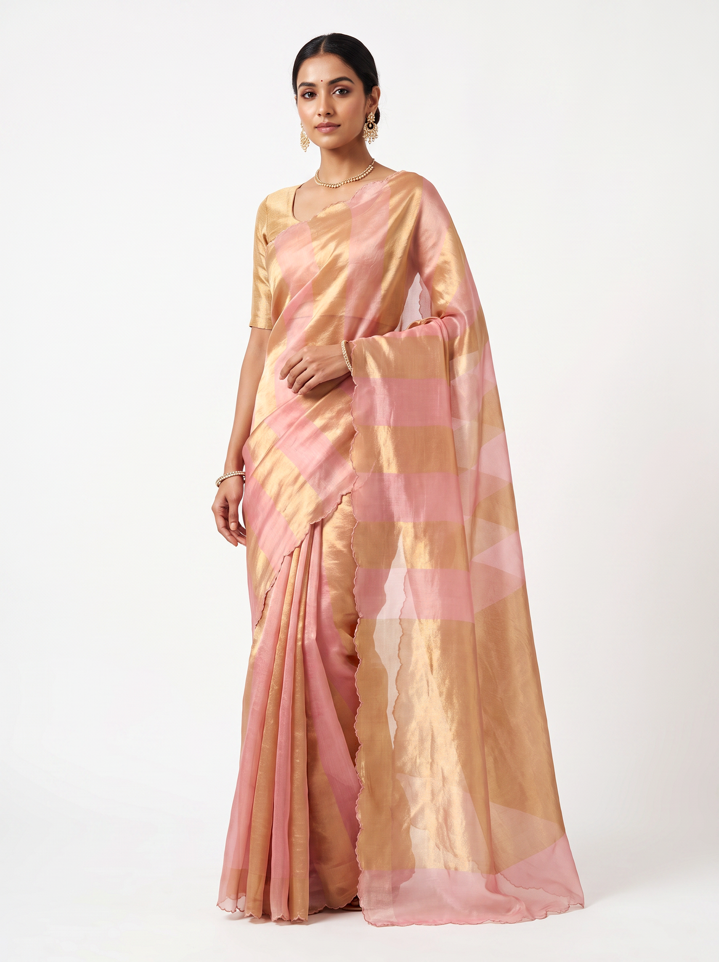 Pure Katan Tissue Silk Saree Gold Stripe Pallu Scallop Border With Blouse - Blush Pink & Gold