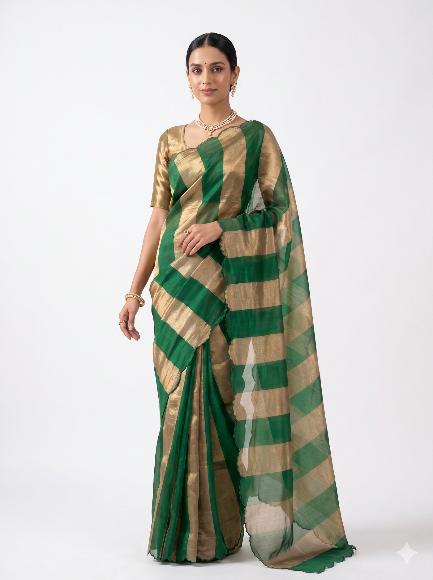 Pure Katan Tissue Silk Saree Gold Stripe Pallu Scallop Border With Blouse - Emerald Green & Gold