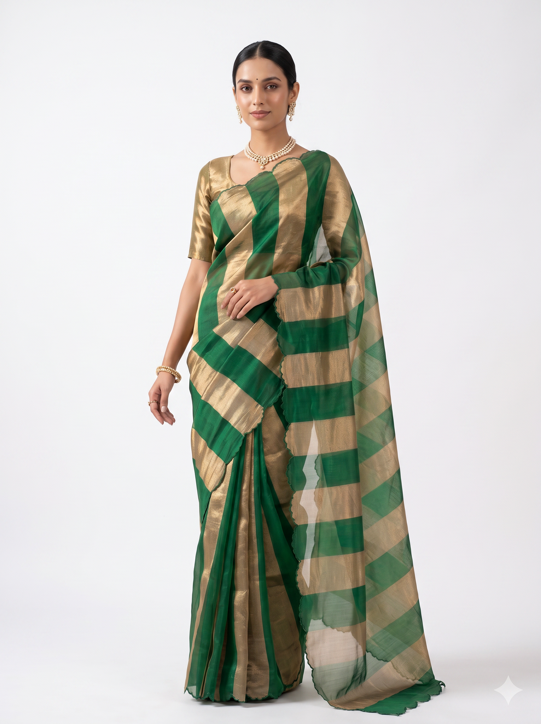 Pure Katan Tissue Silk Saree Gold Stripe Pallu Scallop Border With Blouse - Emerald Green & Gold