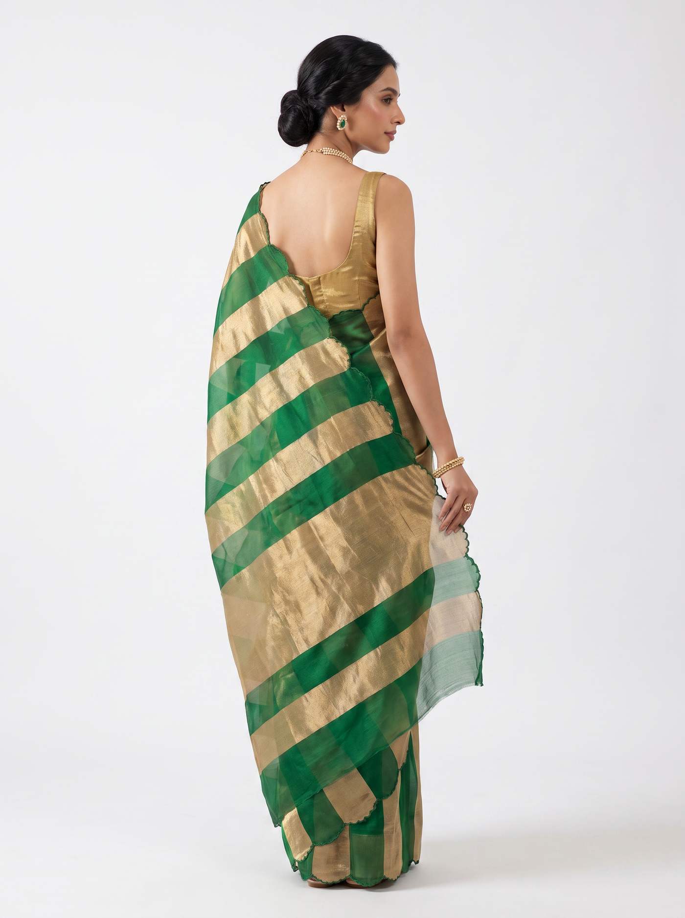 Pure Katan Tissue Silk Saree Gold Stripe Pallu Scallop Border With Blouse