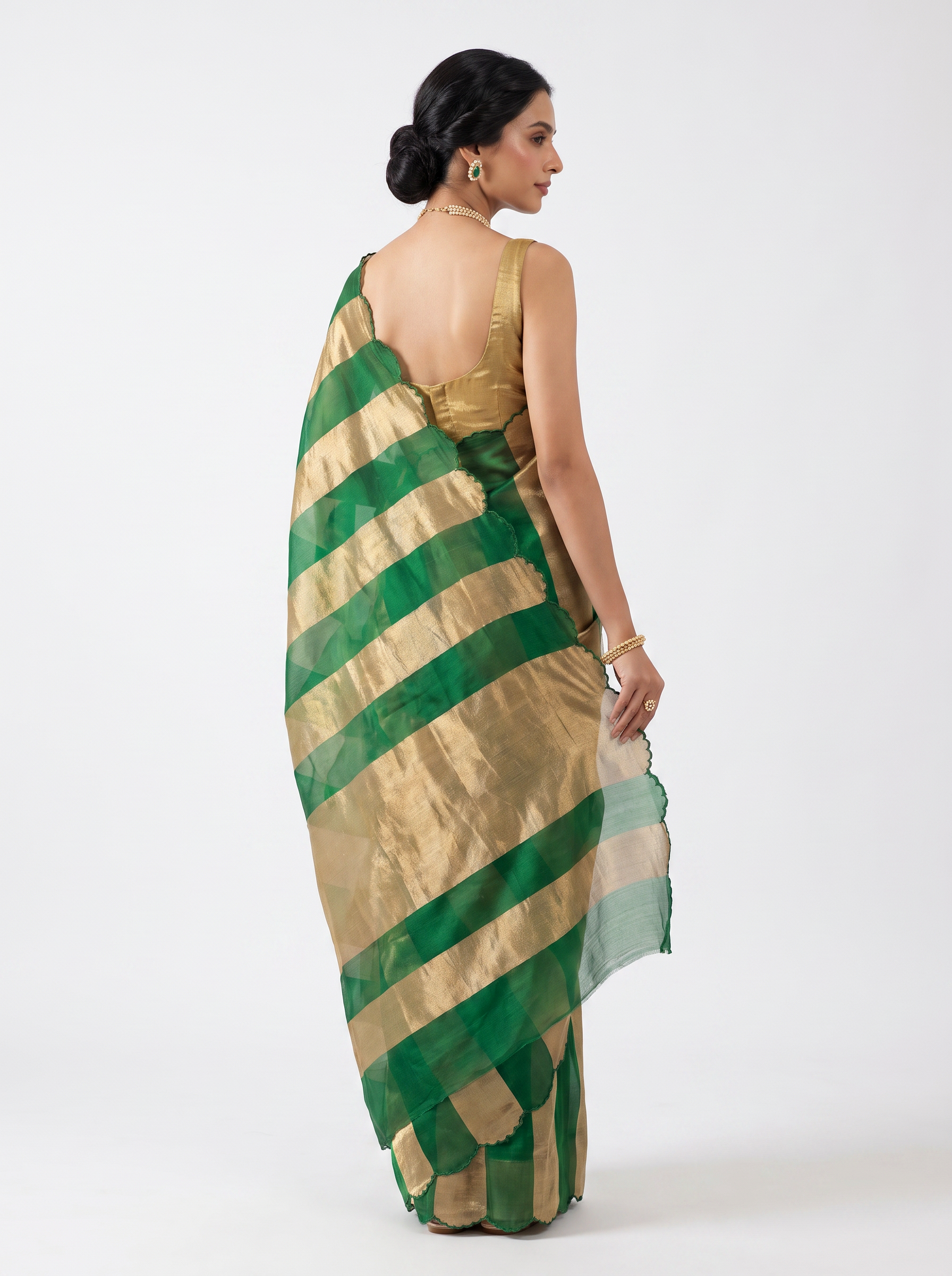 Pure Katan Tissue Silk Saree Gold Stripe Pallu Scallop Border With Blouse