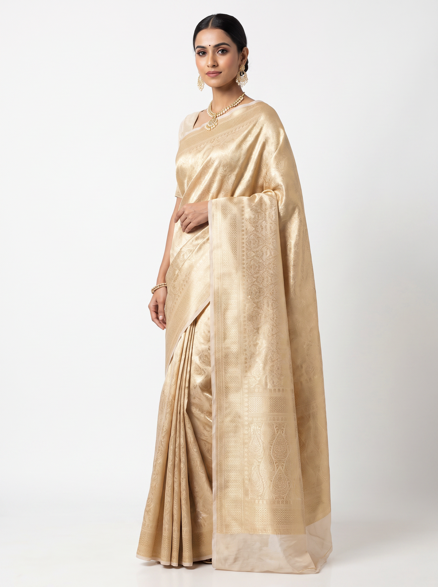 Off White + Beige pure tissue silk brocade saree with woven zari