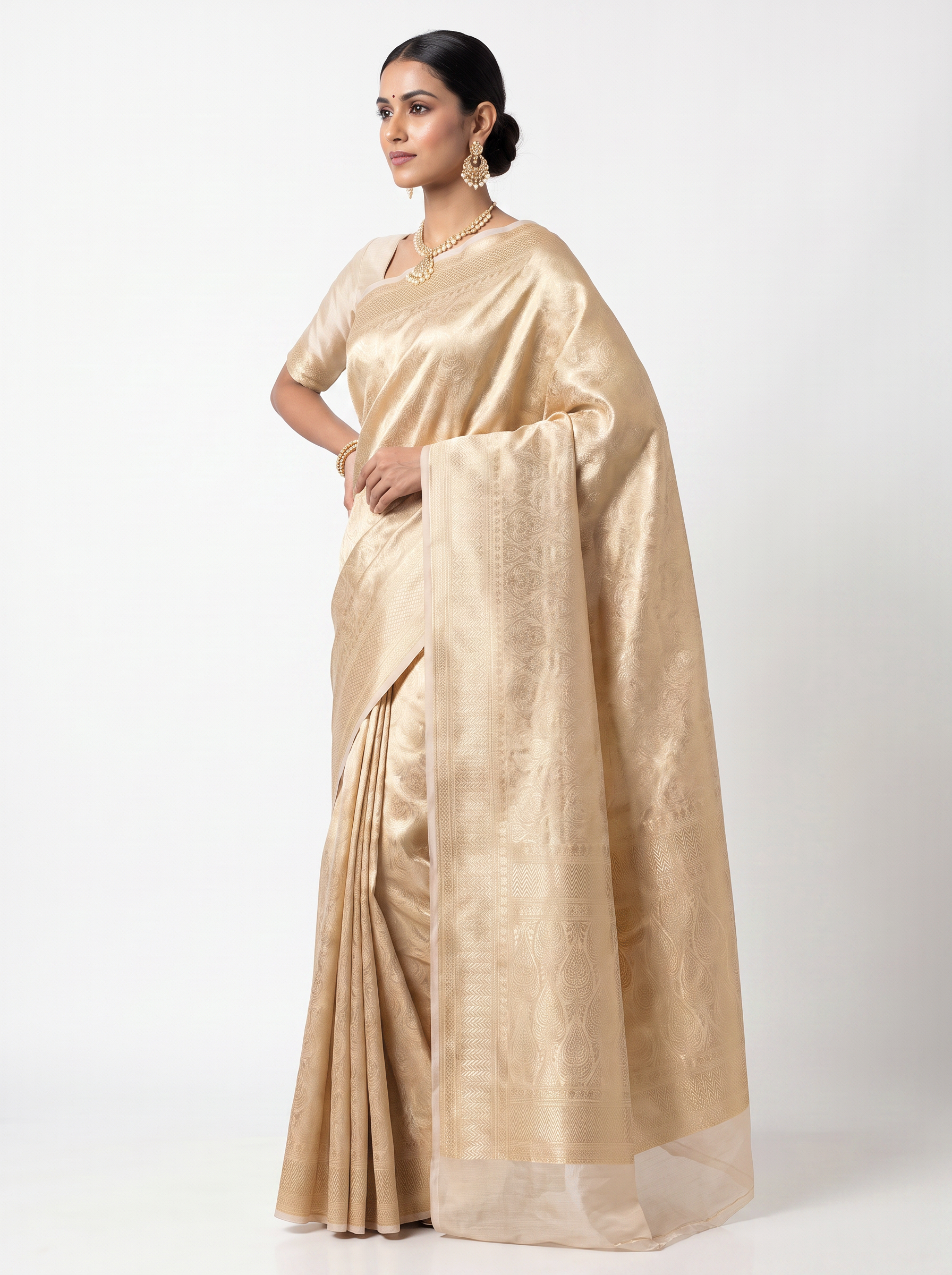 Pure Tissue Silk Saree | Off White + Beige Brocade Woven Zari | Contrast Zari Border | Pahiza Sarees image 2