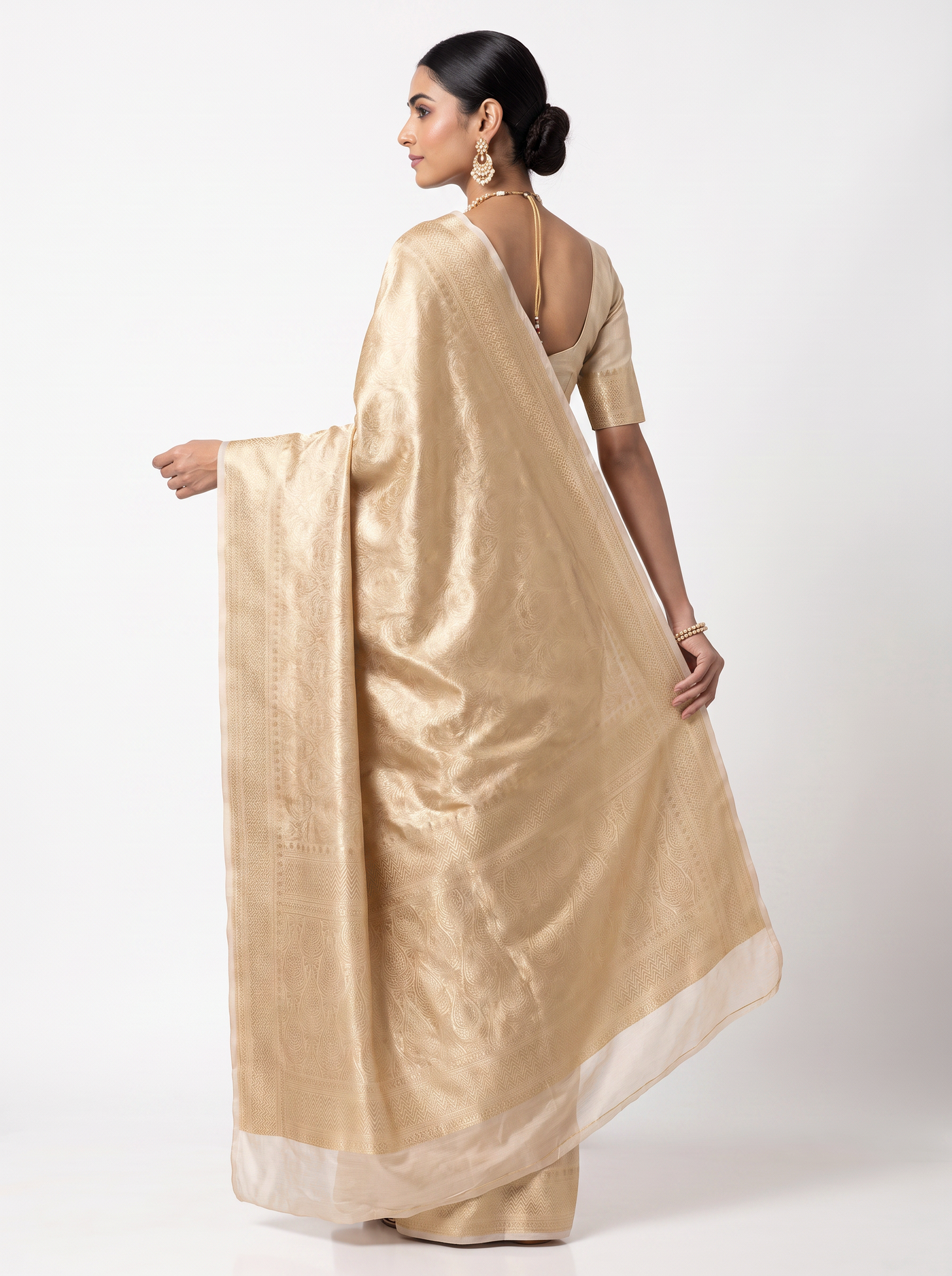 Pure Tissue Silk Saree | Off White + Beige Brocade Woven Zari | Contrast Zari Border | Pahiza Sarees image 3