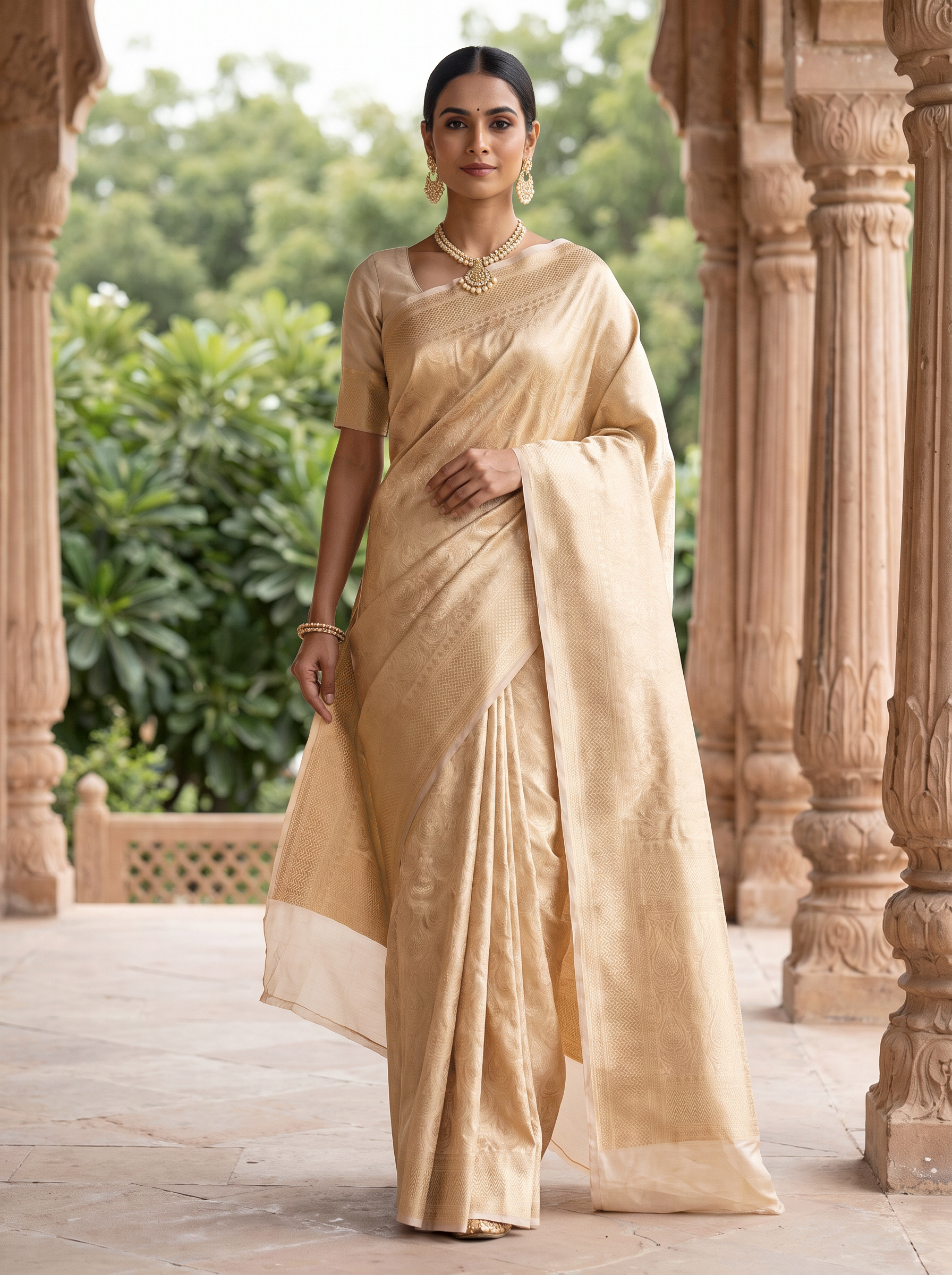 Pure Tissue Silk Saree | Off White + Beige Brocade Woven Zari | Contrast Zari Border | Pahiza Sarees image 4