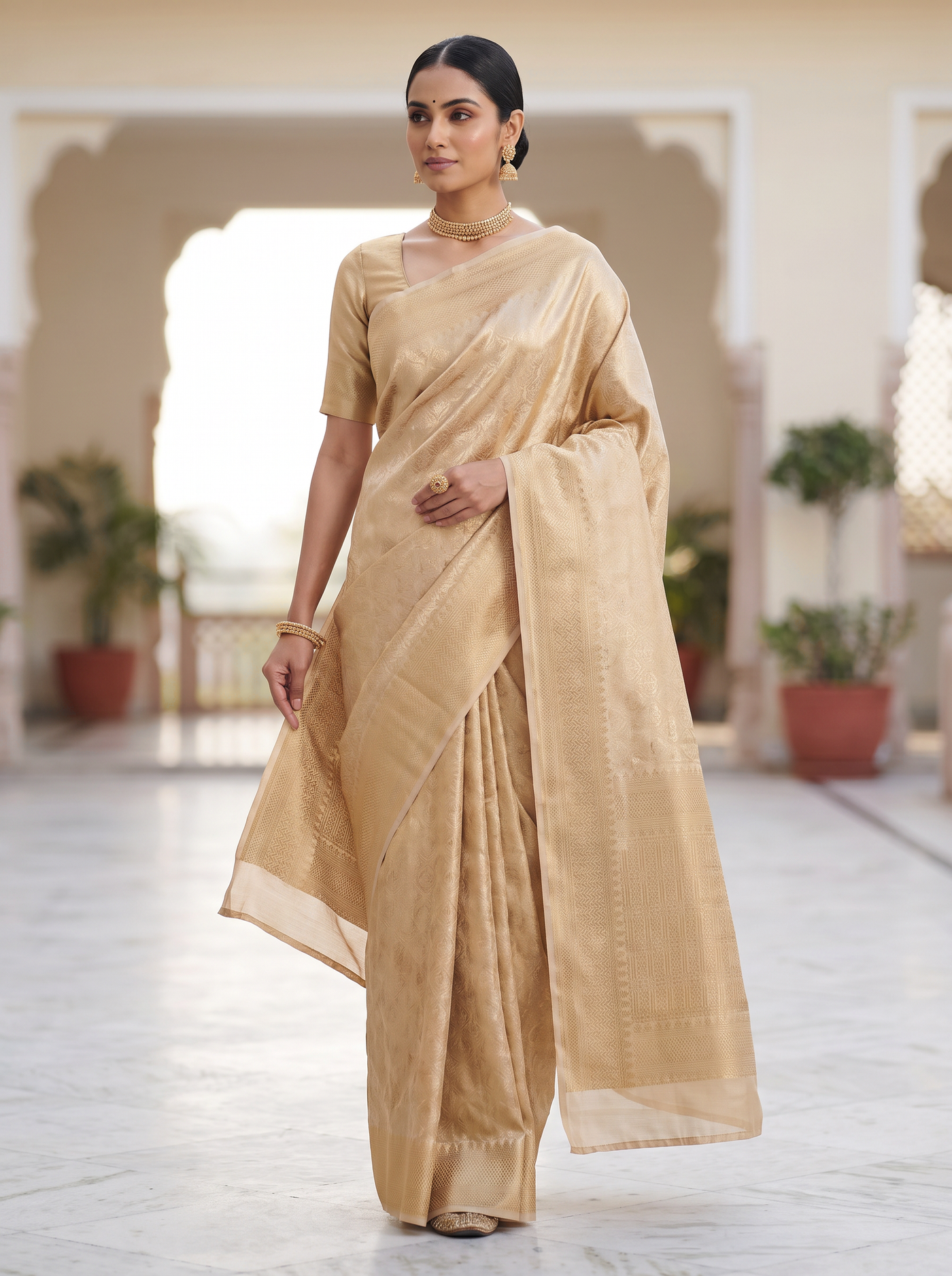 Pure Tissue Silk Saree | Off White + Beige Brocade Woven Zari | Self Design Zari Border | Pahiza Sarees image 4