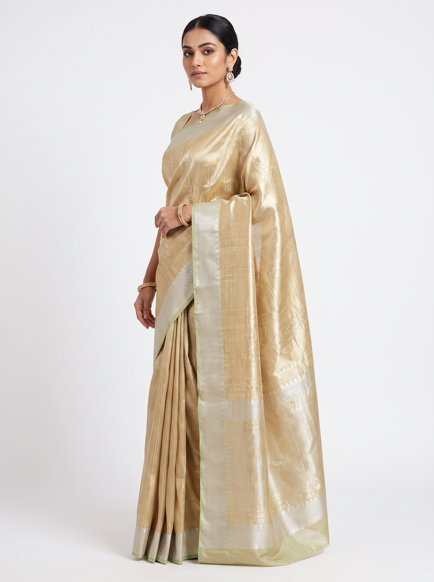 Silver Grey + Beige + Grey pure tissue silk brocade saree with woven zari