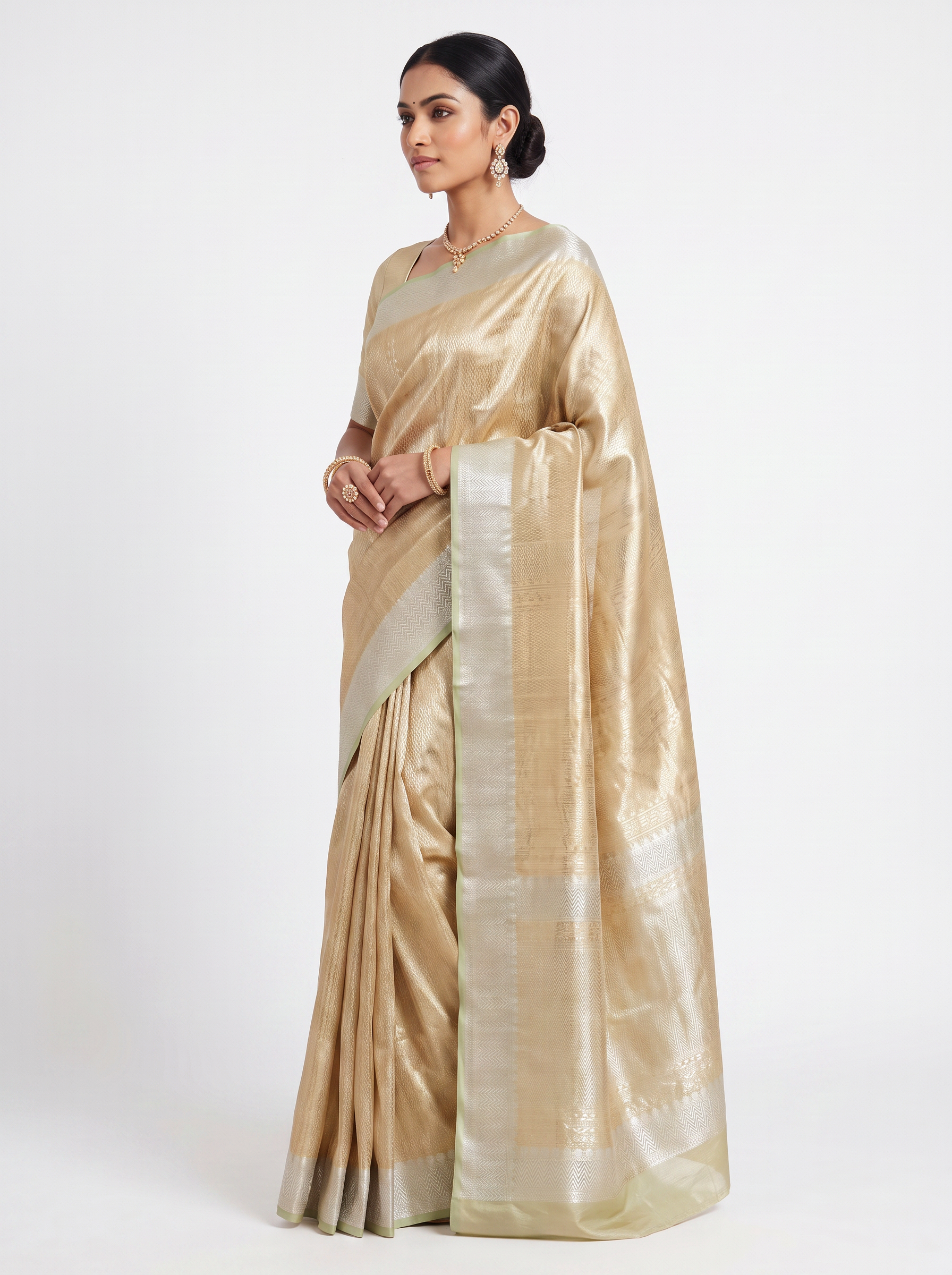 Pure Tissue Silk Saree | Silver Grey + Beige + Grey Brocade Woven Zari | Contrast Zari Border | Pahiza Sarees image 2