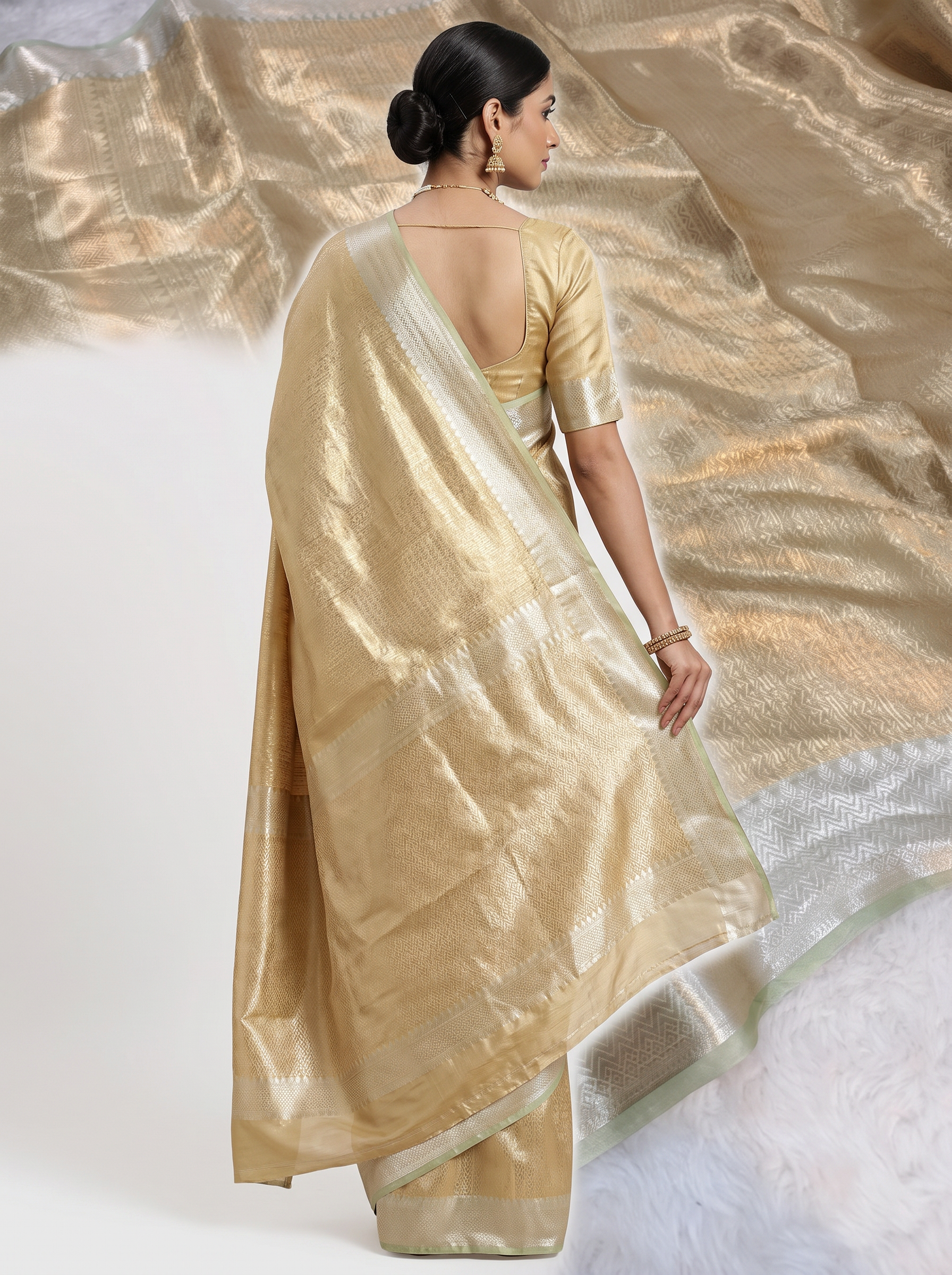 Pure Tissue Silk Saree | Silver Grey + Beige + Grey Brocade Woven Zari | Contrast Zari Border | Pahiza Sarees image 3