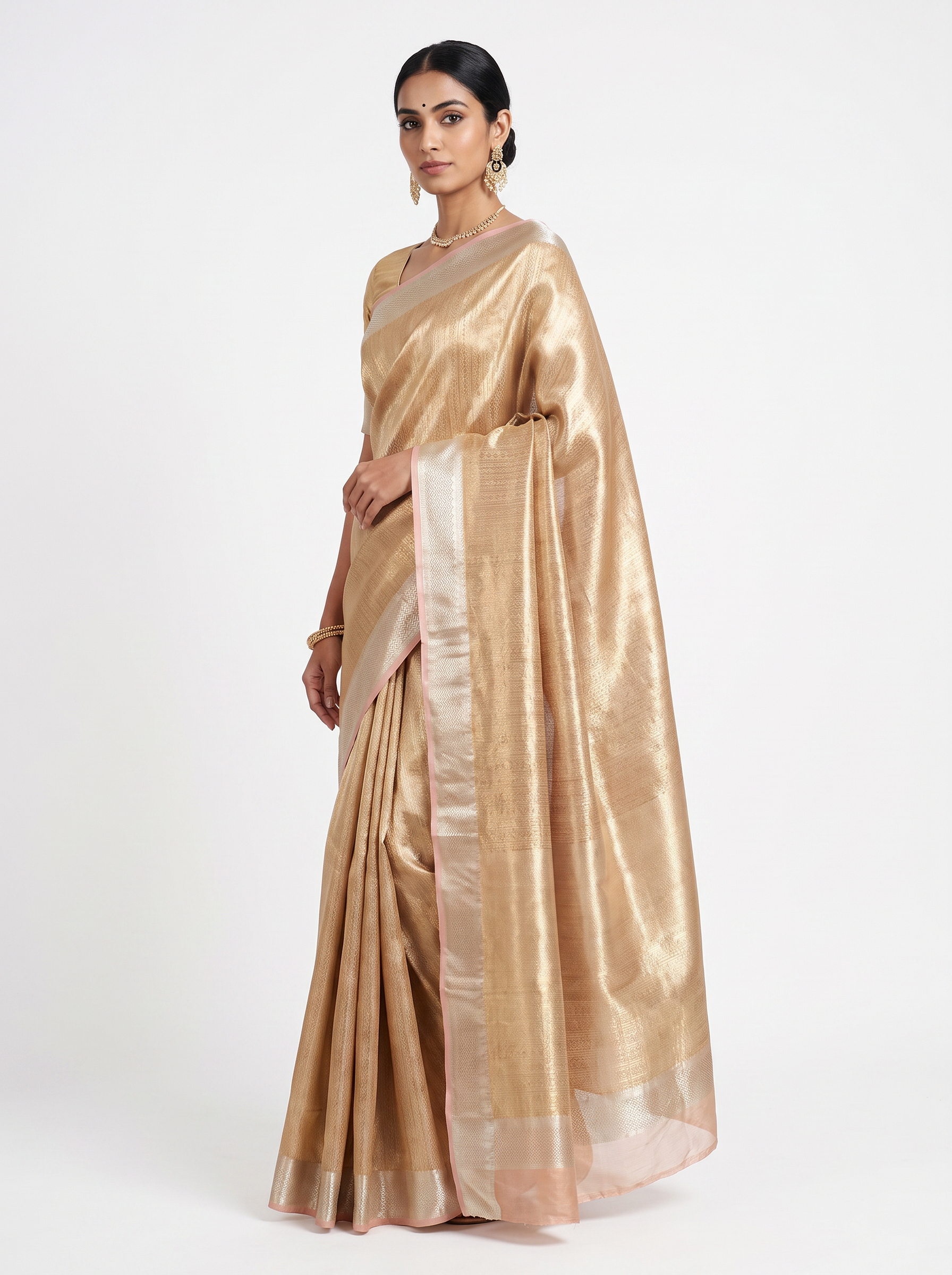 Brick Red + Peach pure tissue silk brocade saree with woven zari