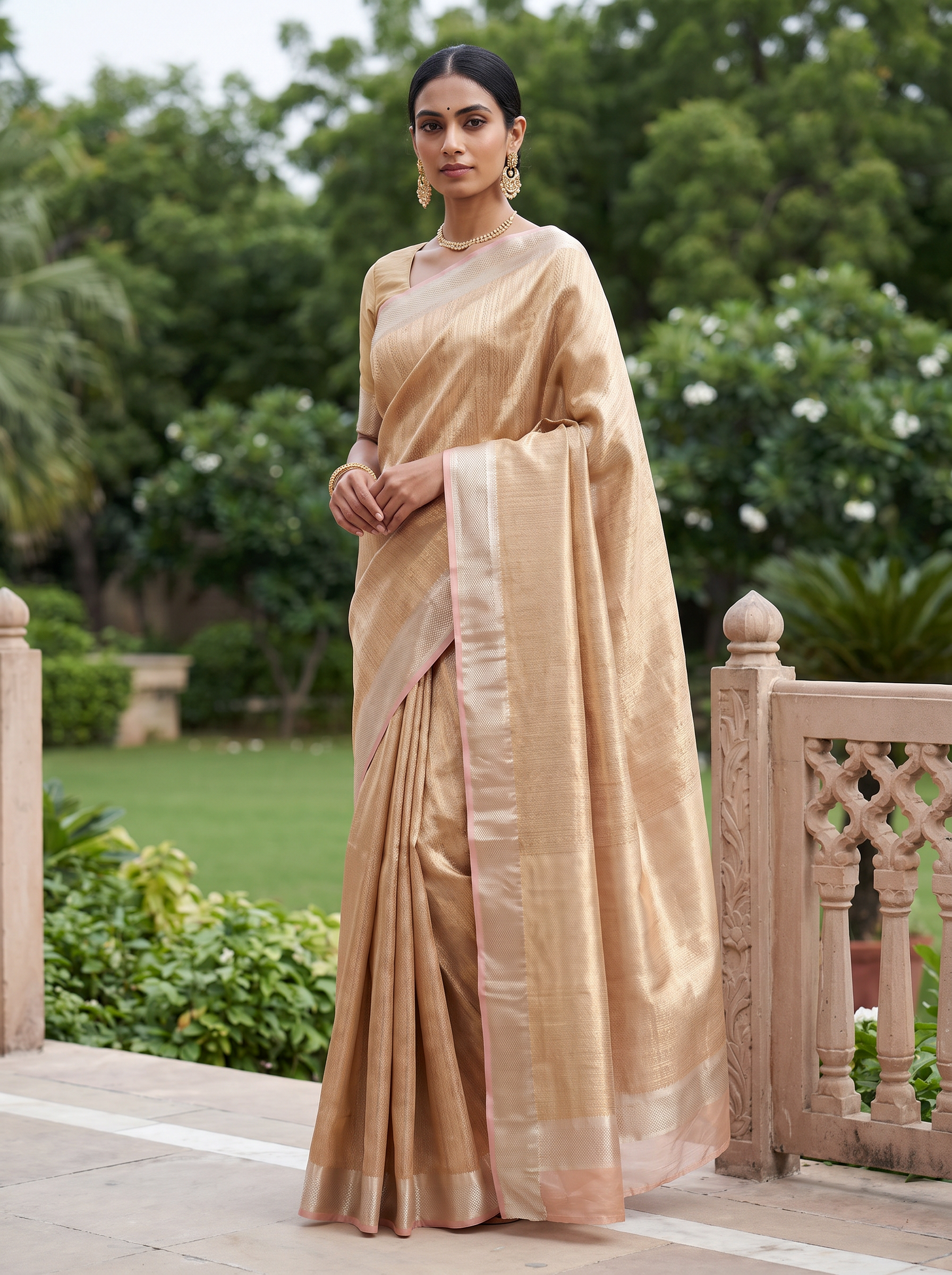 Pure Tissue Silk Saree | Brick Red + Peach Brocade Woven Zari | Contrast Zari Border | Pahiza Sarees image 4