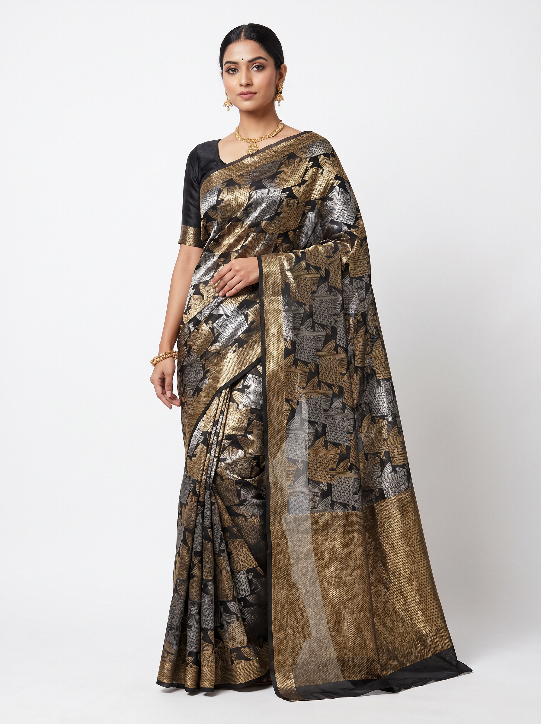 Burnt Orange + Grey pure tissue silk brocade saree with woven zari