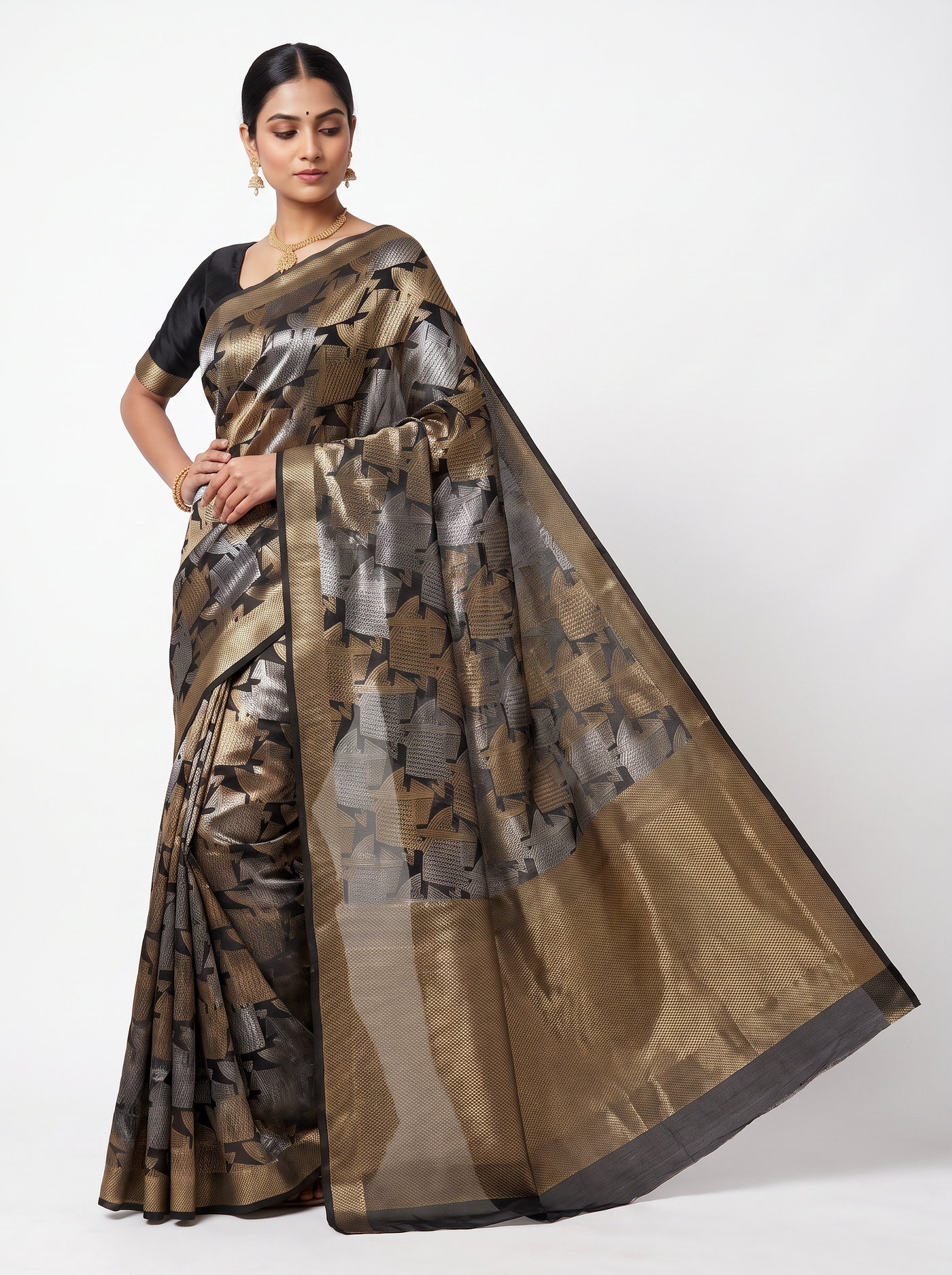 Pure Tissue Silk Saree | Burnt Orange + Grey Brocade Woven Zari | Self Design Zari Border | Pahiza Sarees | Design 5 image 2