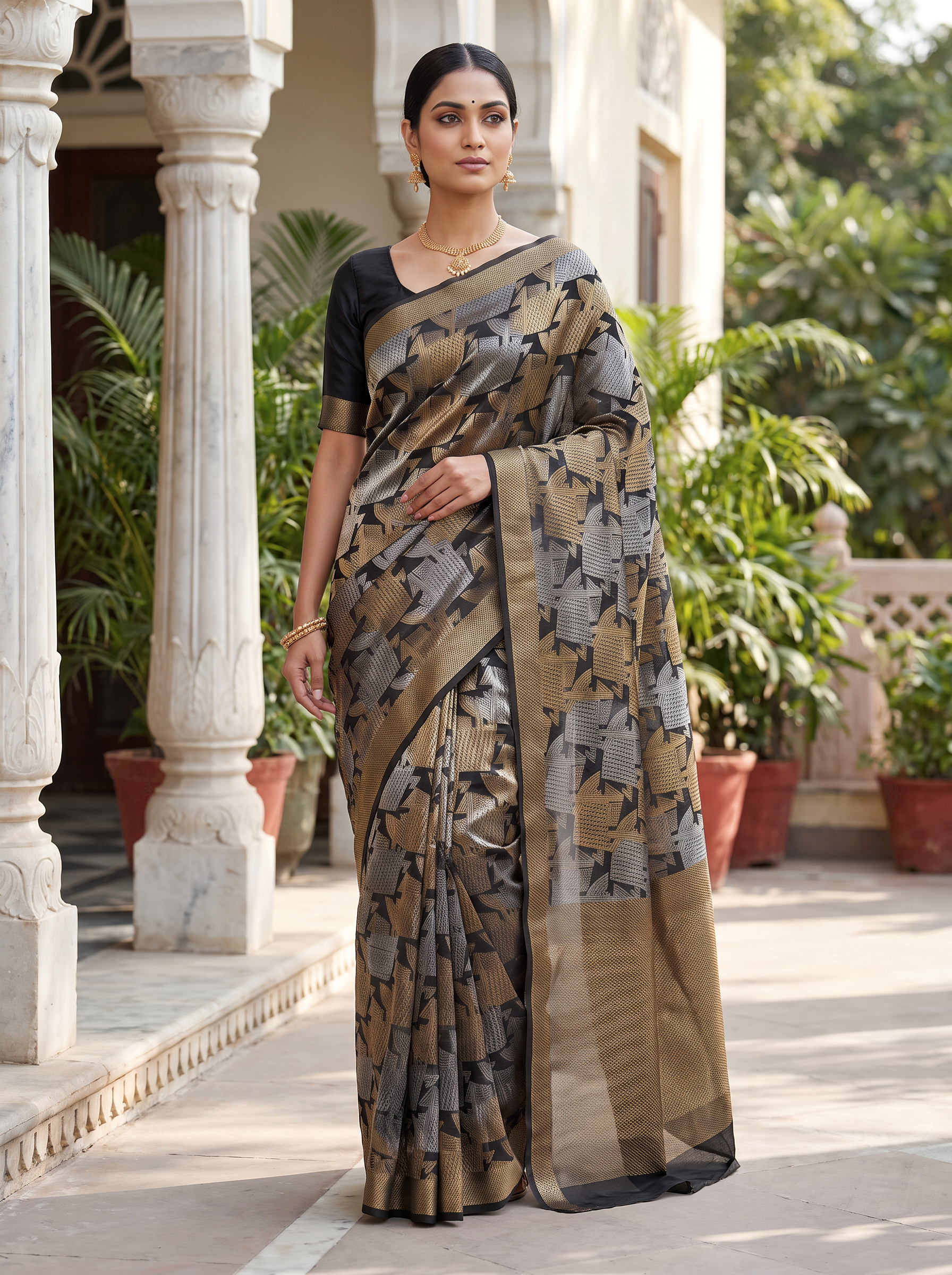 Pure Tissue Silk Saree | Burnt Orange + Grey Brocade Woven Zari | Self Design Zari Border | Pahiza Sarees | Design 5 image 4