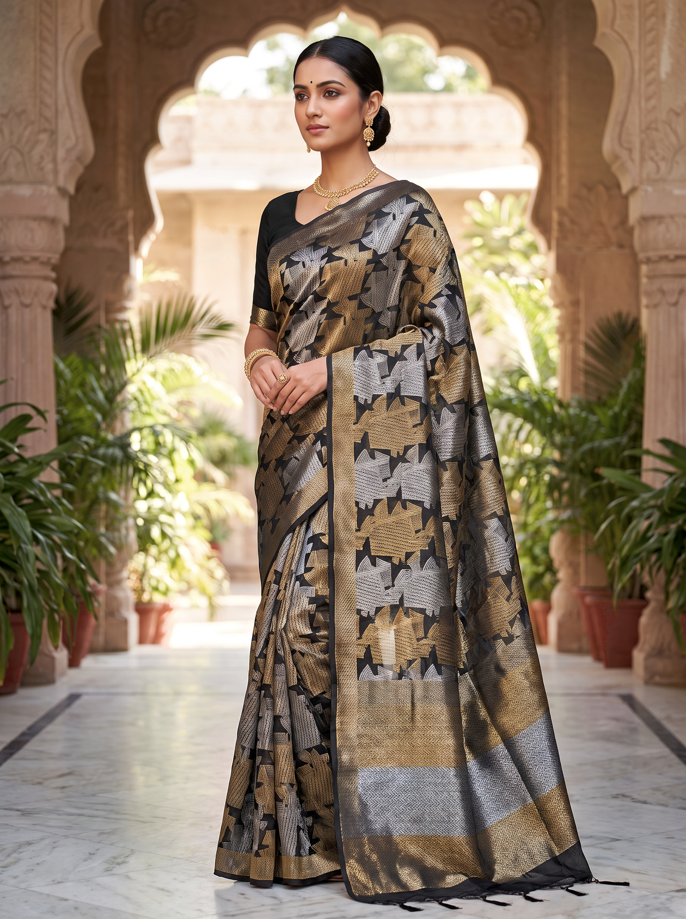 Pure Tissue Silk Saree | Burnt Orange + Grey Brocade Woven Zari | Self Design Zari Border | Pahiza Sarees image 4