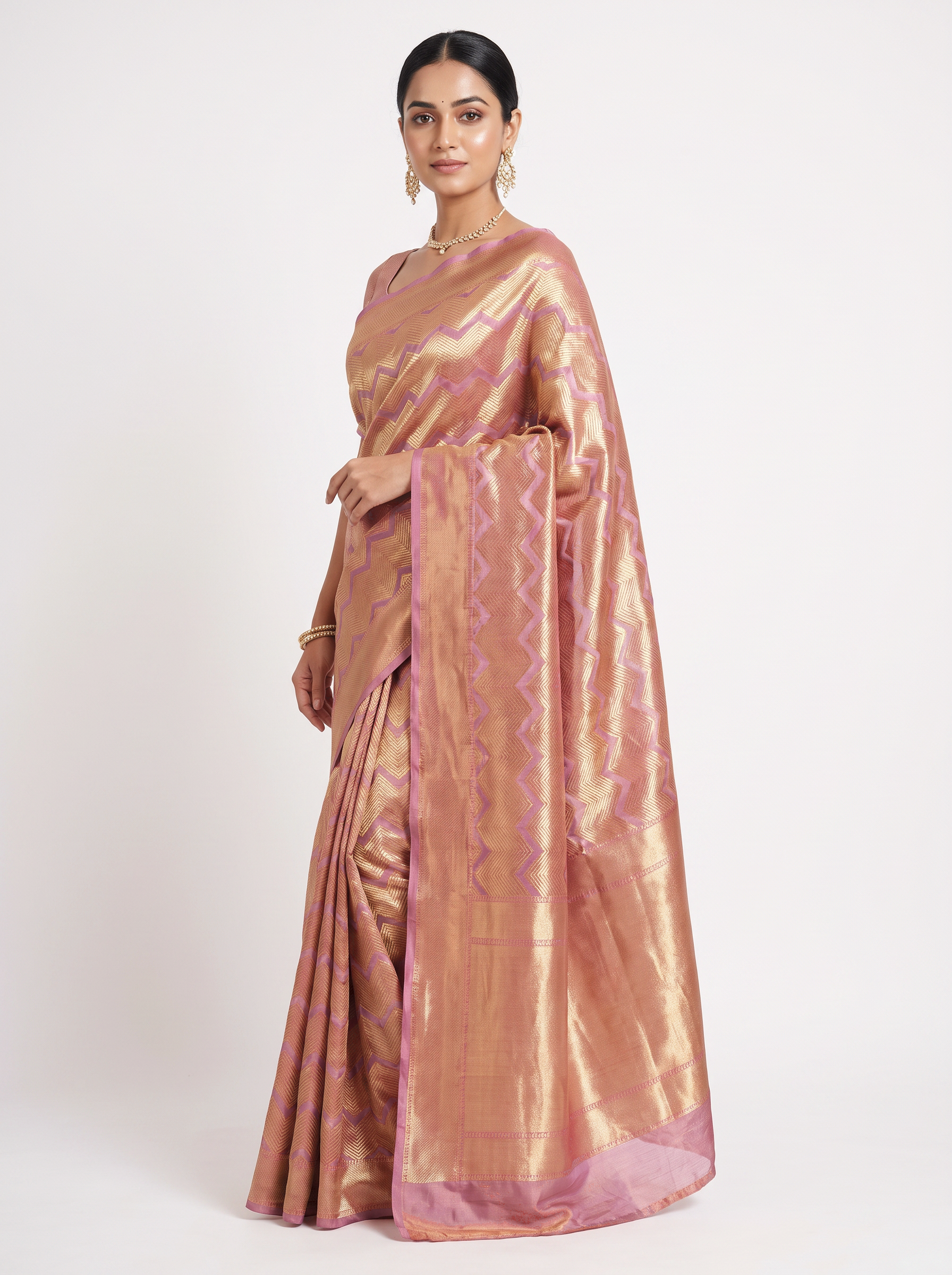 Deep Red + Dusty Pink pure tissue silk brocade saree with woven zari
