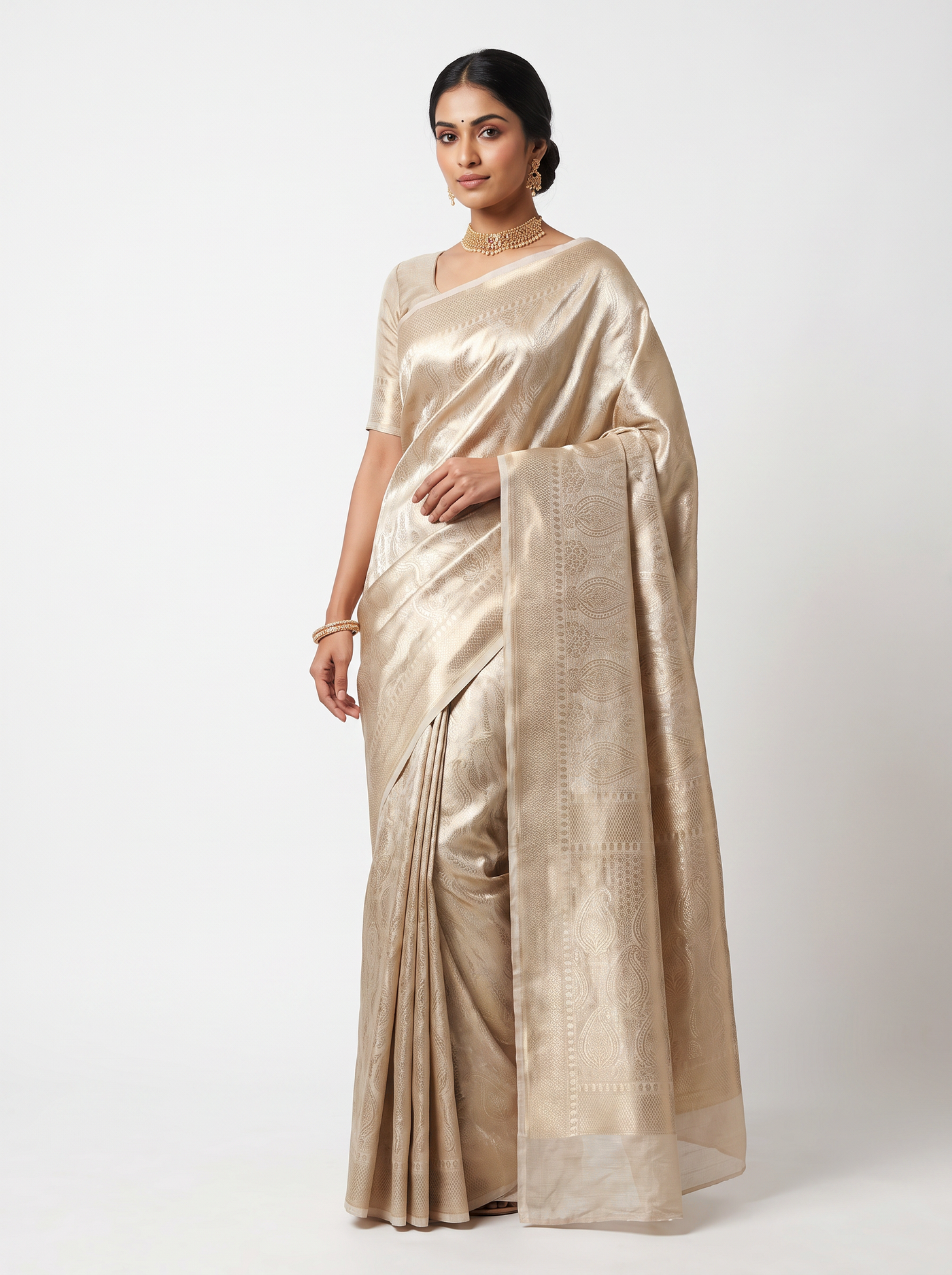 Silver Grey + Grey pure tissue silk brocade saree with woven zari
