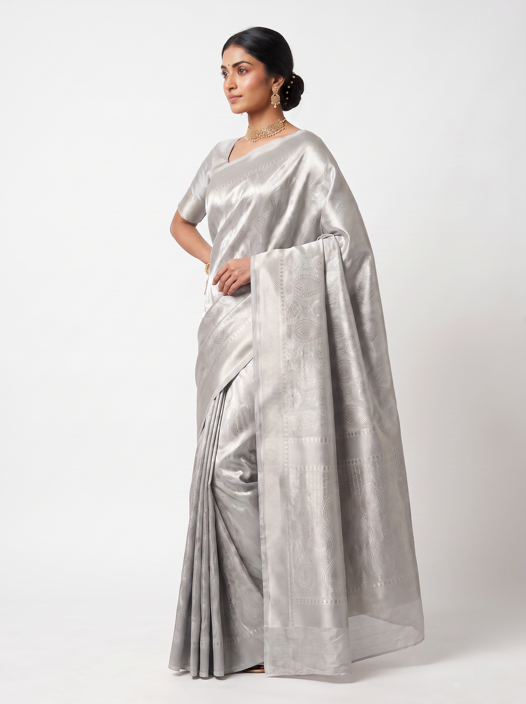 Pure Tissue Silk Saree | Silver Grey + Grey Brocade Woven Zari | Contrast Zari Border | Pahiza Sarees | Design 21 image 2
