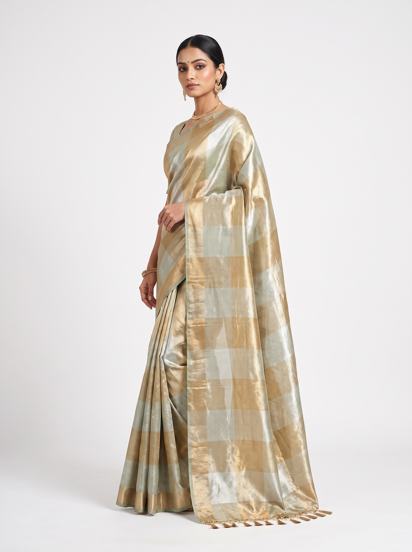 Grey + Honey Yellow pure tissue silk brocade saree with woven zari