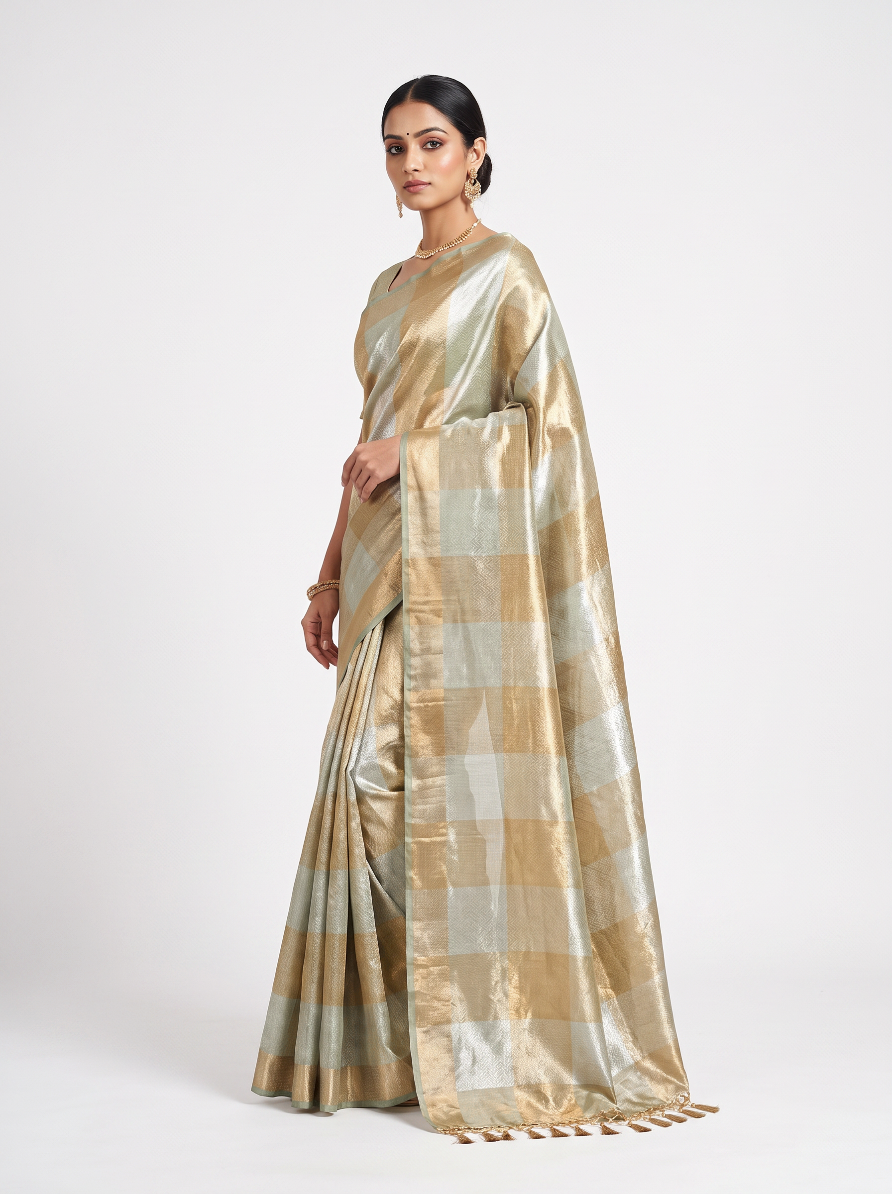 Grey + Honey Yellow pure tissue silk brocade saree with woven zari