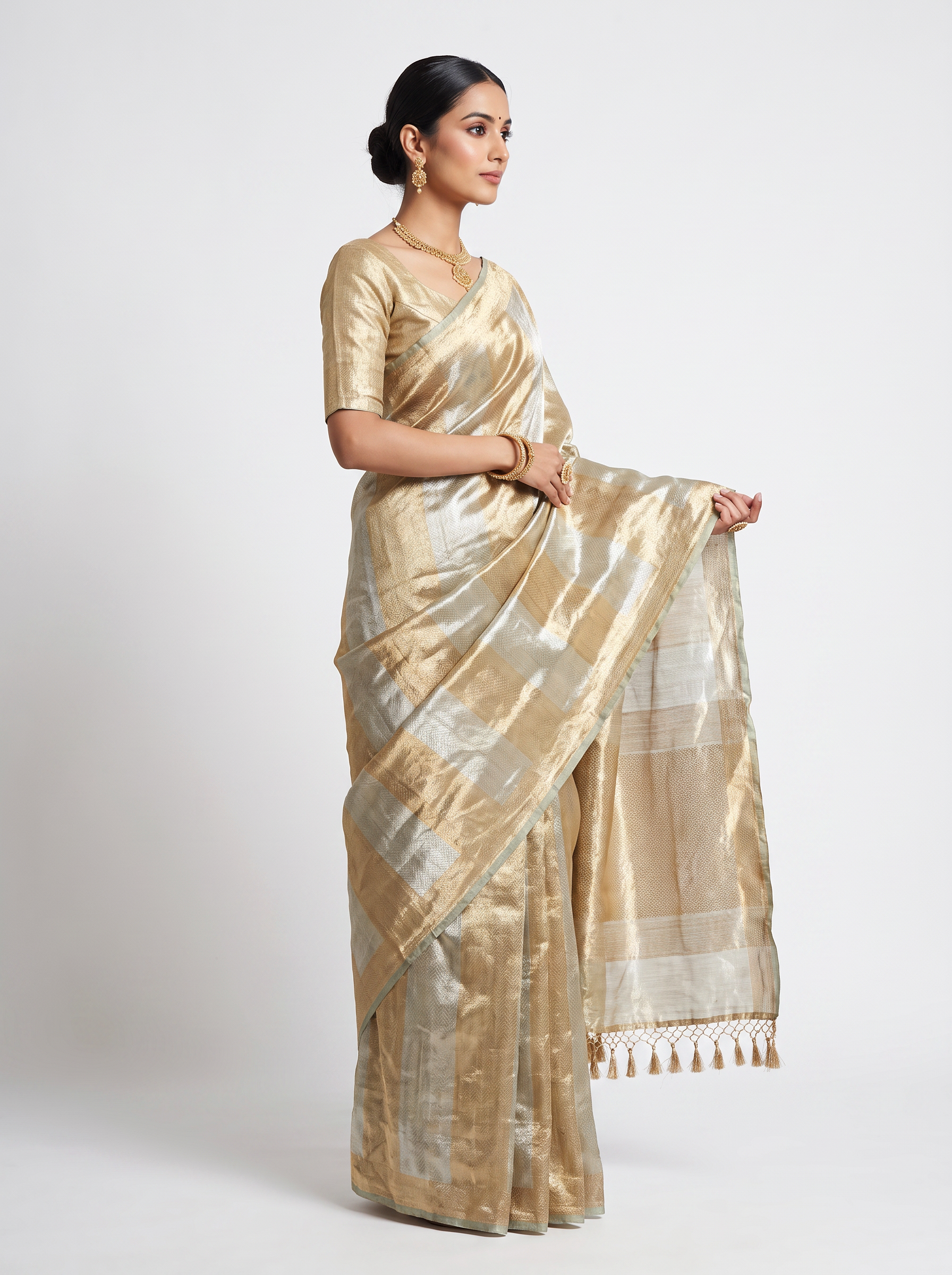 Pure Tissue Silk Saree | Grey + Honey Yellow Brocade Woven Zari | Self Design Zari Border | Pahiza Sarees image 2