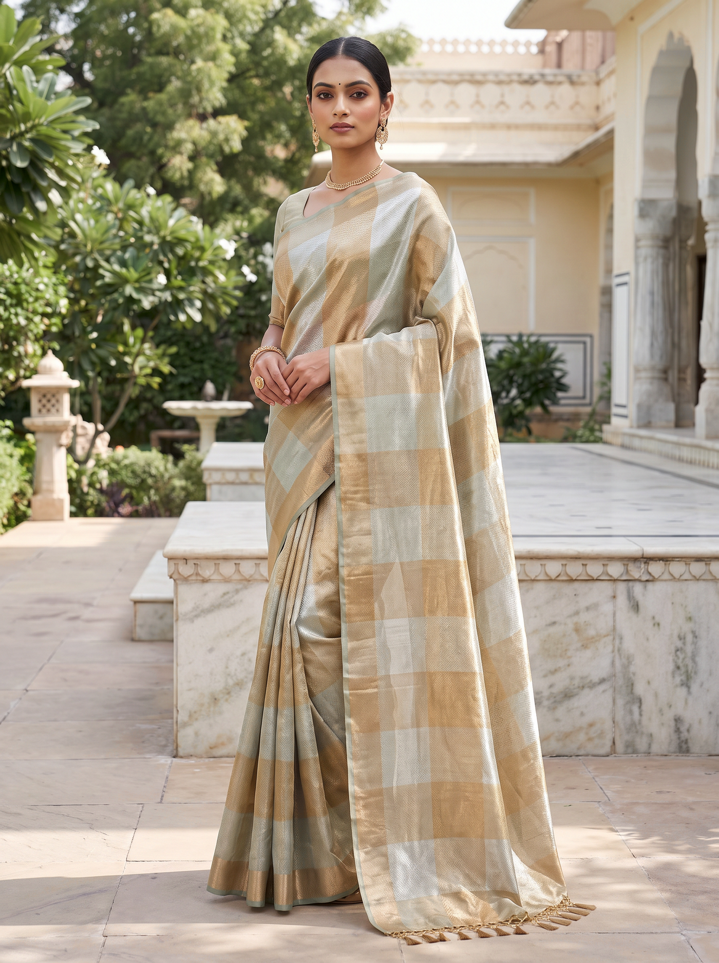 Pure Tissue Silk Saree | Grey + Honey Yellow Brocade Woven Zari | Self Design Zari Border | Pahiza Sarees image 4