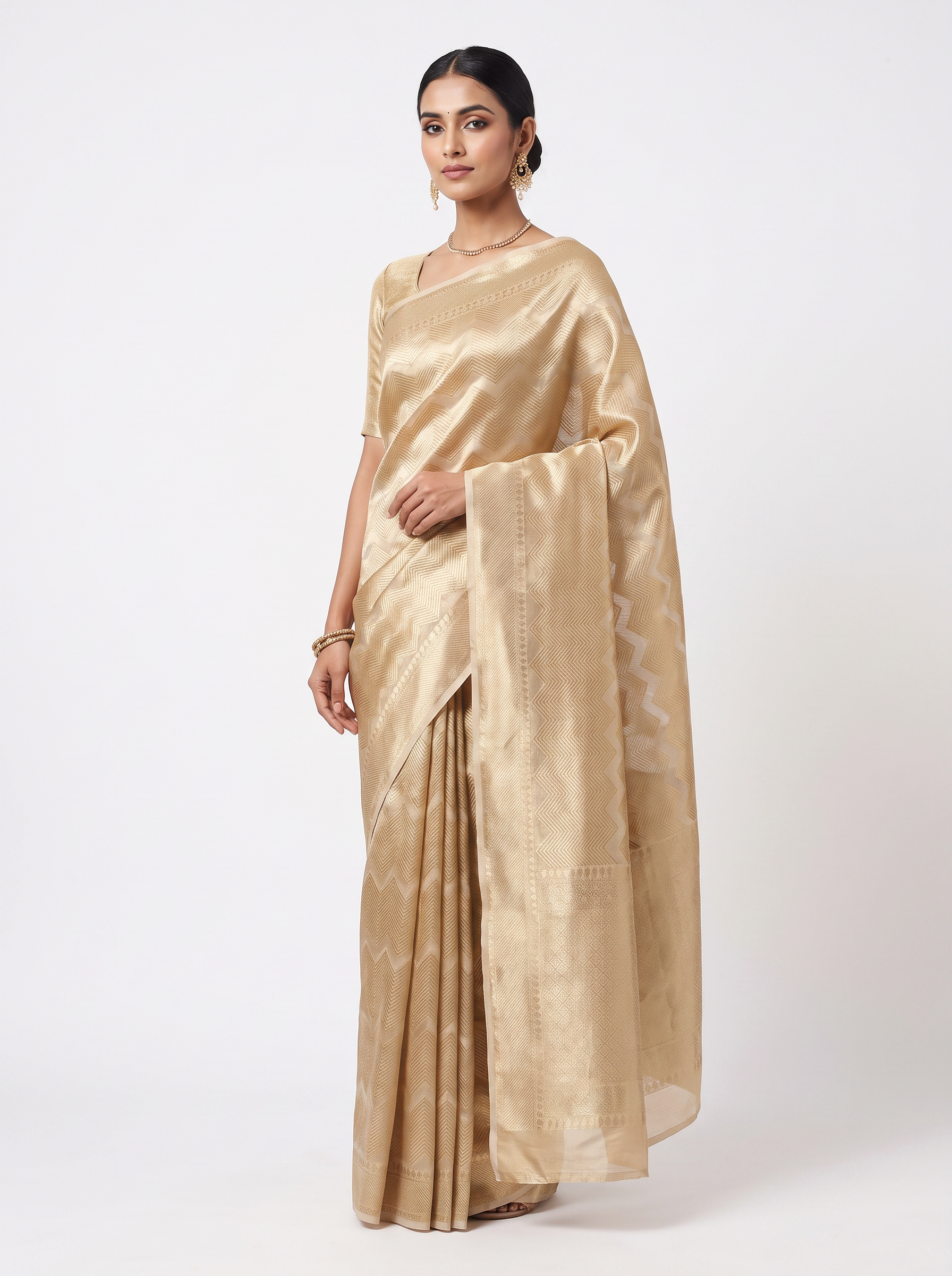 Peach + Honey Yellow pure tissue silk brocade saree with woven zari
