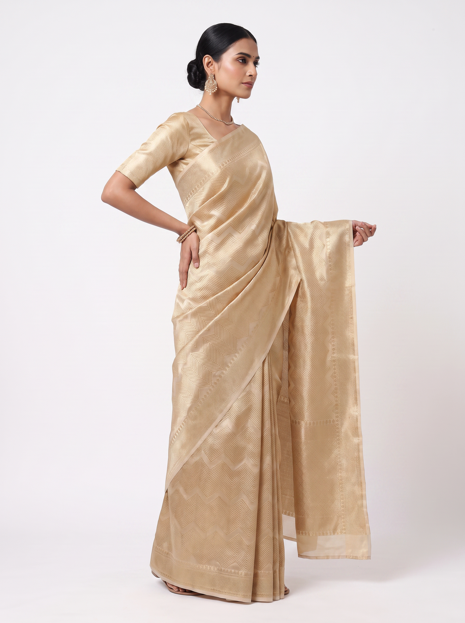 Pure Tissue Silk Saree | Peach + Honey Yellow Brocade Woven Zari | Contrast Zari Border | Pahiza Sarees image 2