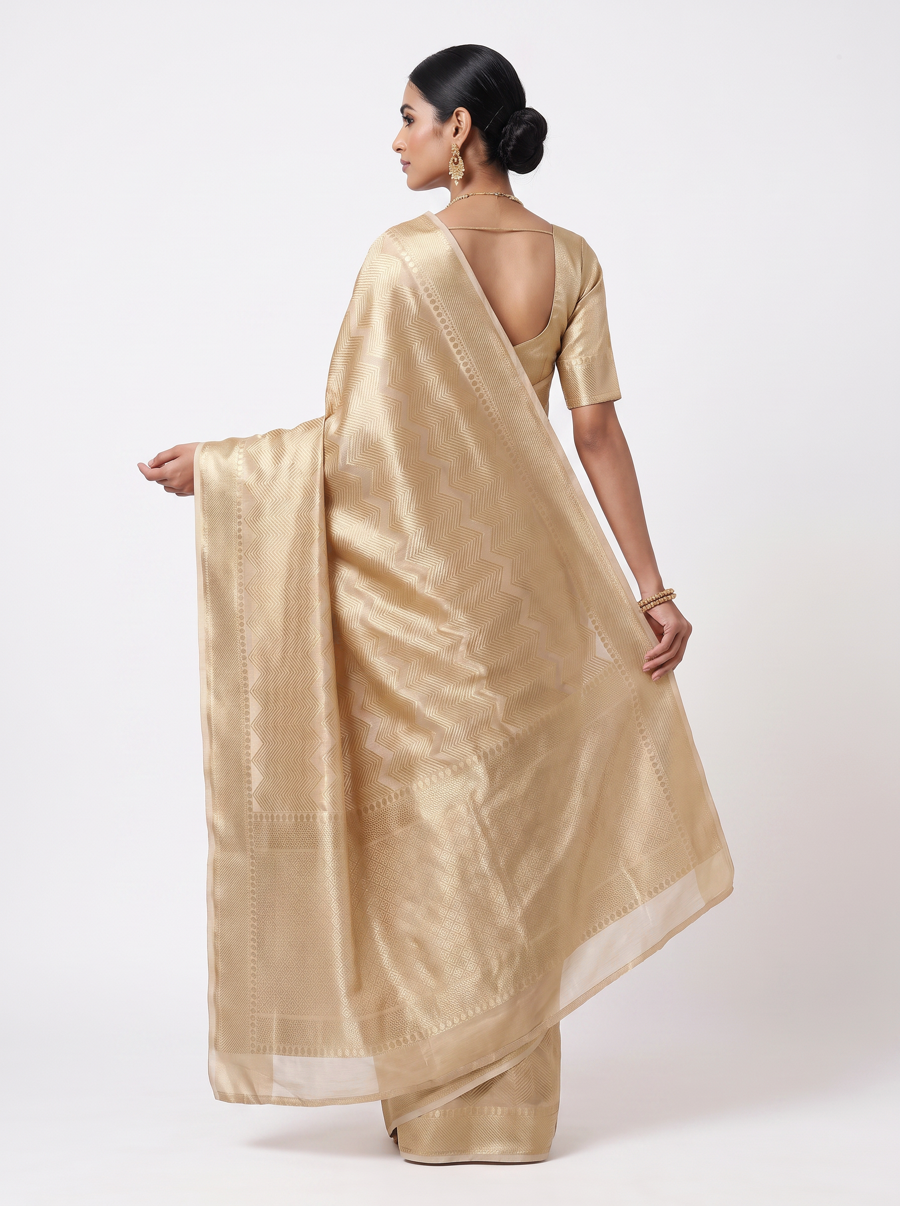 Pure Tissue Silk Saree | Peach + Honey Yellow Brocade Woven Zari | Contrast Zari Border | Pahiza Sarees image 3