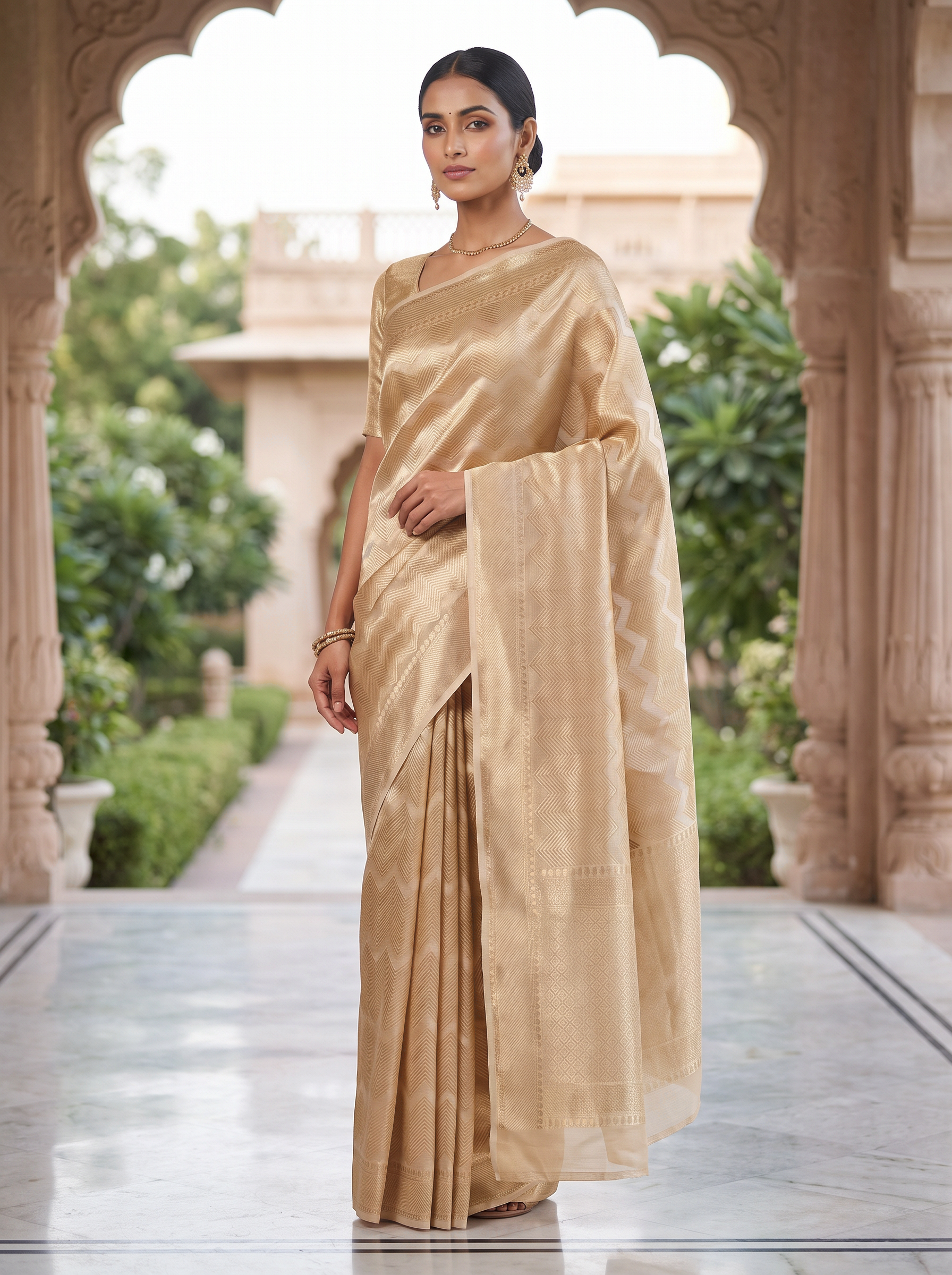 Pure Tissue Silk Saree | Peach + Honey Yellow Brocade Woven Zari | Contrast Zari Border | Pahiza Sarees image 4
