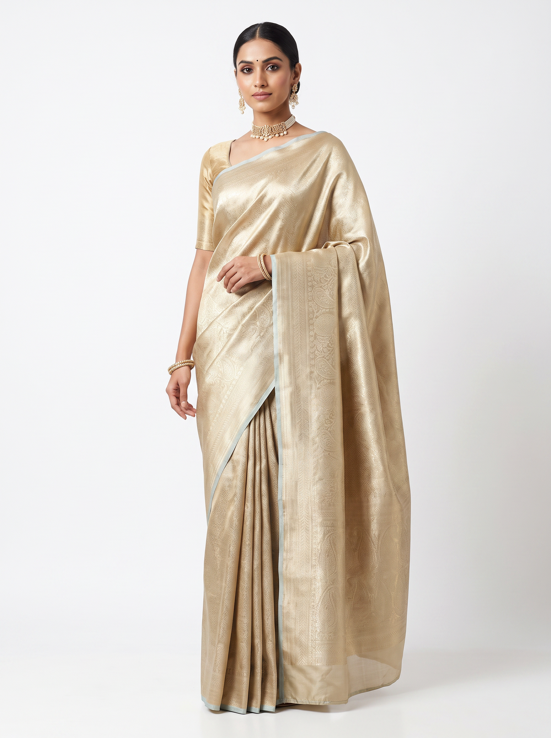Silver Grey + Grey + Honey Yellow pure tissue silk brocade saree with woven zari