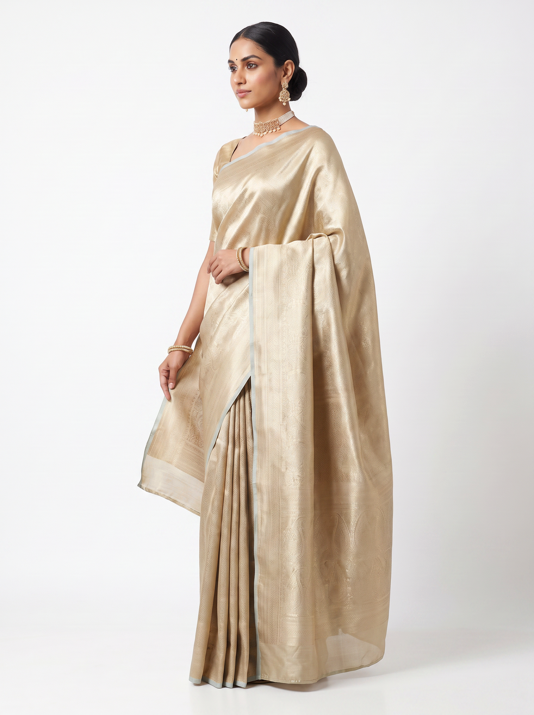 Pure Tissue Silk Saree | Silver Grey + Grey + Honey Yellow Brocade Woven Zari | Contrast Zari Border | Pahiza Sarees image 2