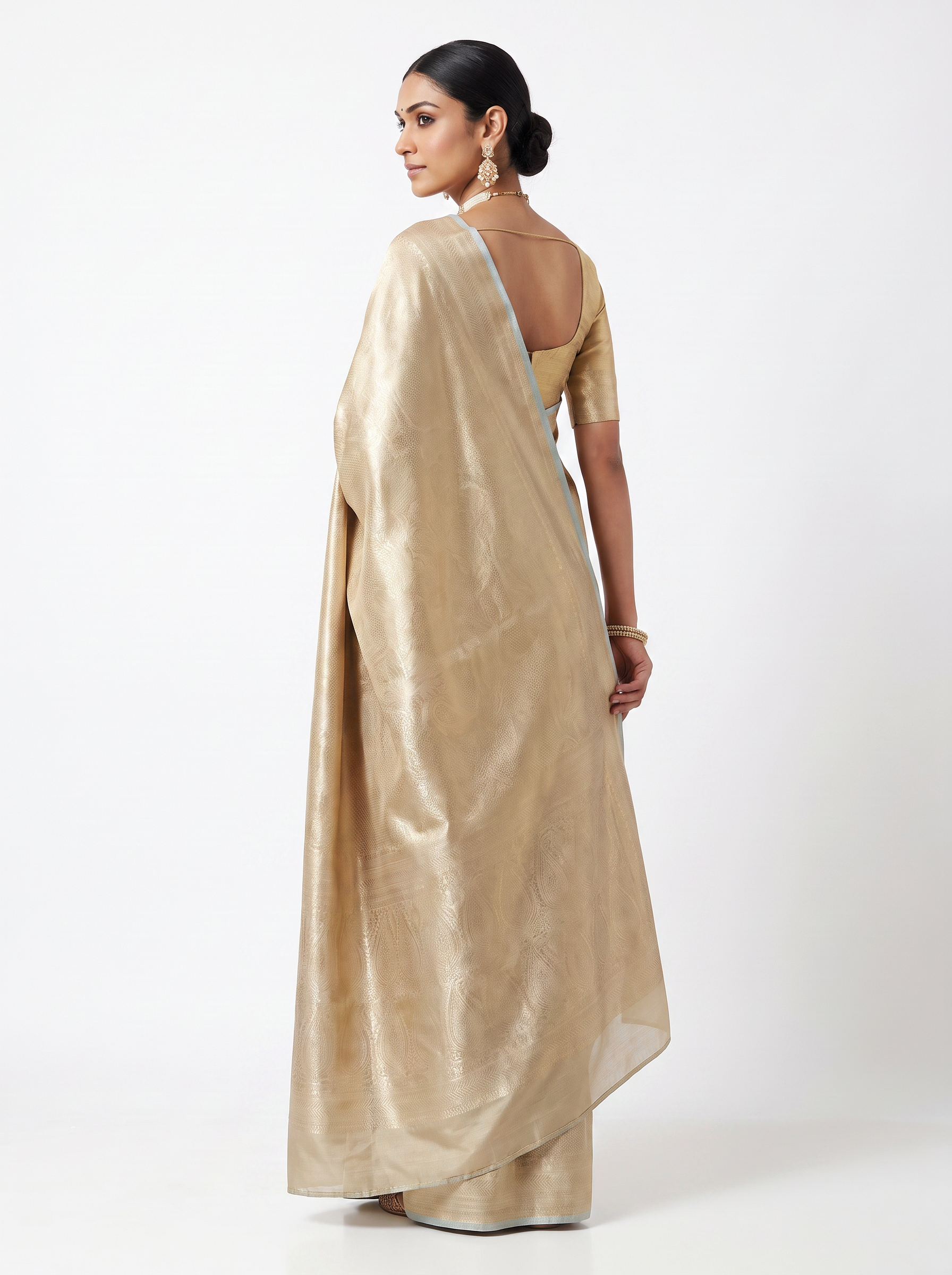 Pure Tissue Silk Saree | Silver Grey + Grey + Honey Yellow Brocade Woven Zari | Contrast Zari Border | Pahiza Sarees image 3