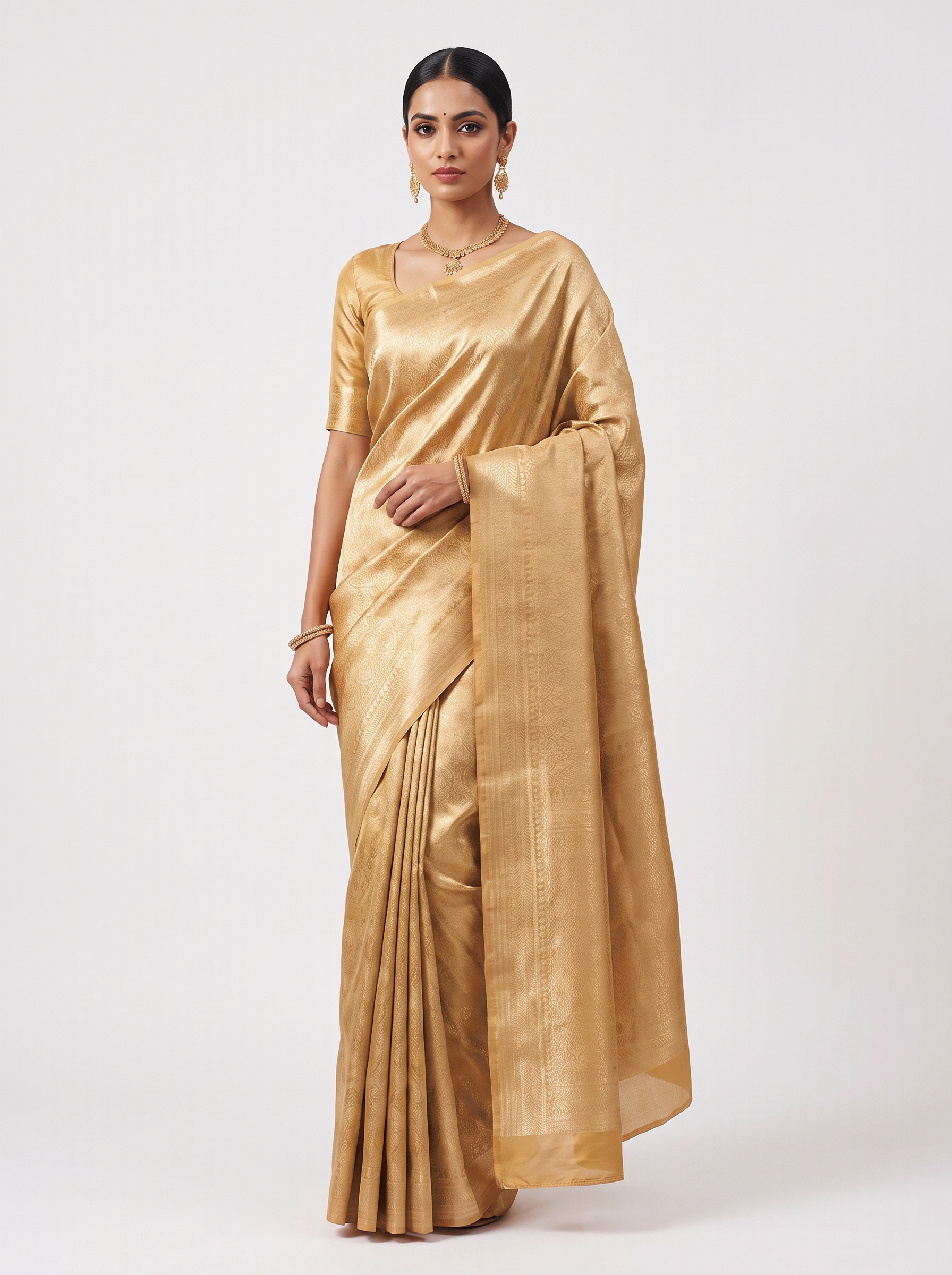 Beige + Peach pure tissue silk brocade saree with woven zari