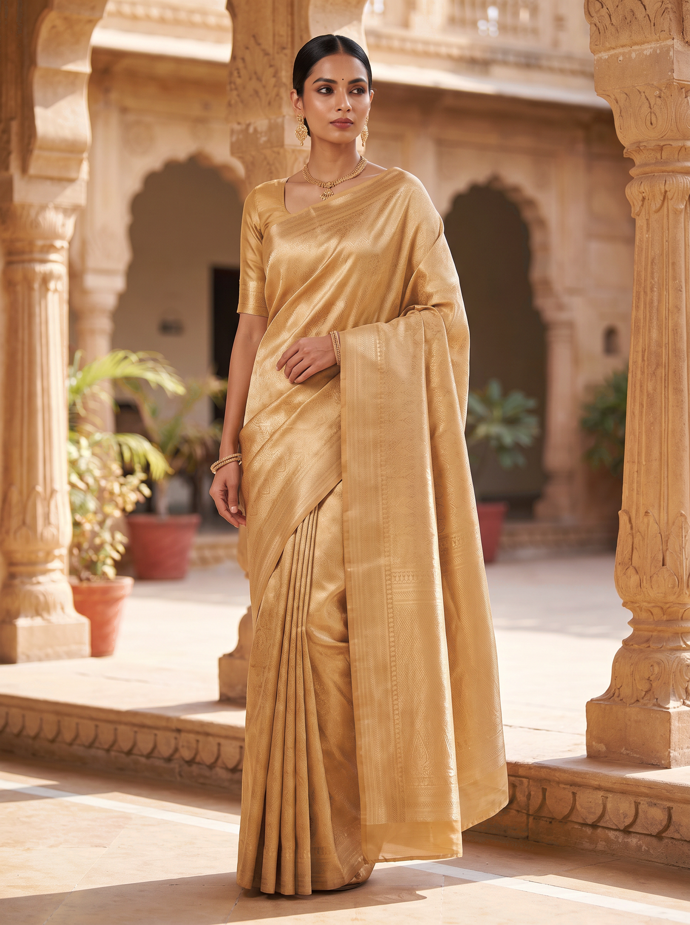 Pure Tissue Silk Saree | Beige + Peach Brocade Woven Zari | Contrast Zari Border | Pahiza Sarees | Design 19 image 4