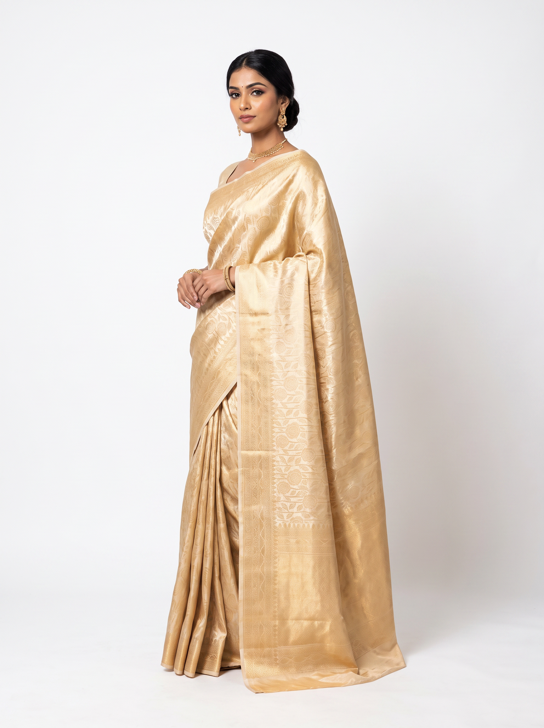 Beige + Peach pure tissue silk brocade saree with woven zari