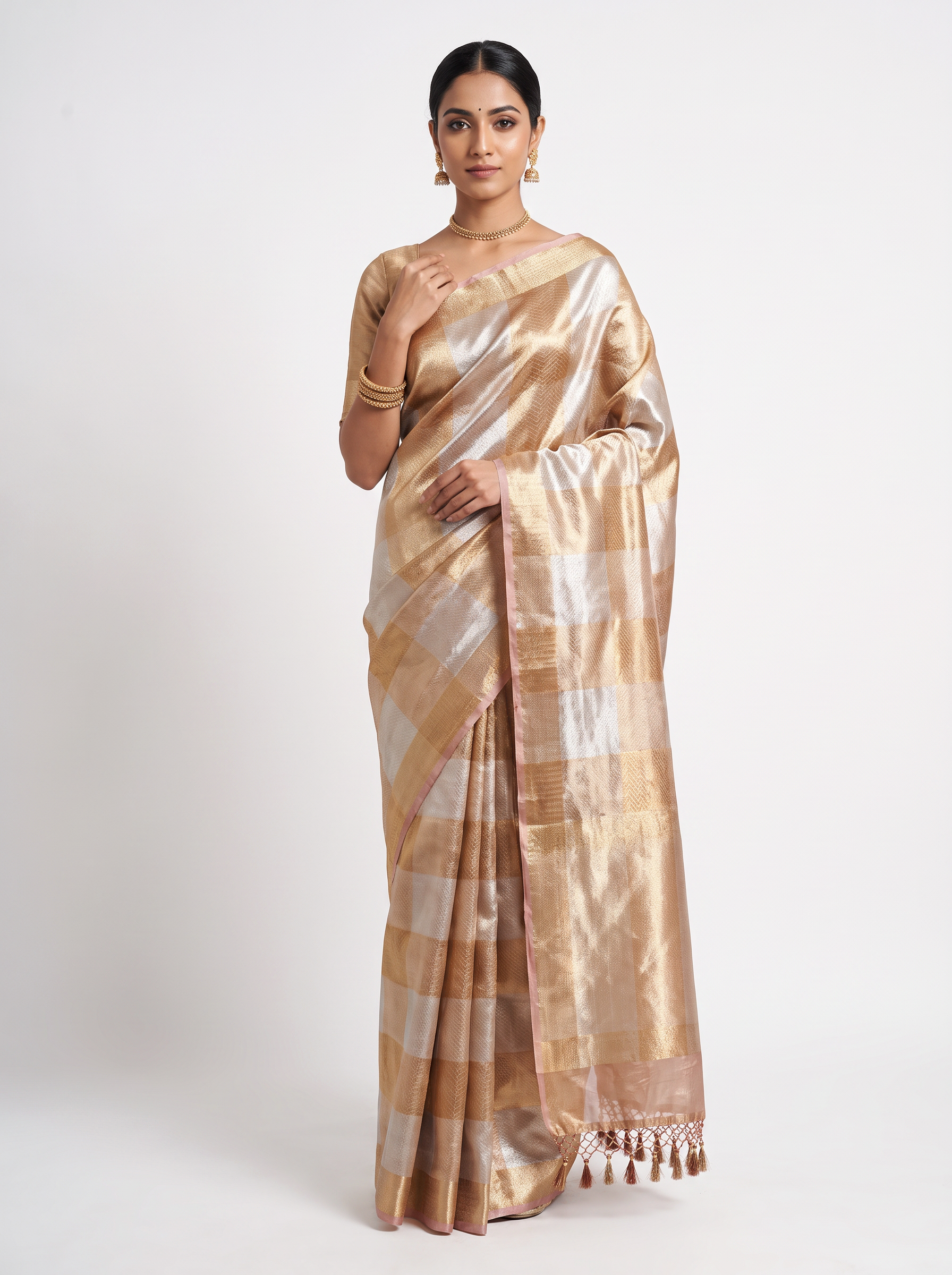 Brick Red + Peach pure tissue silk brocade saree with woven zari
