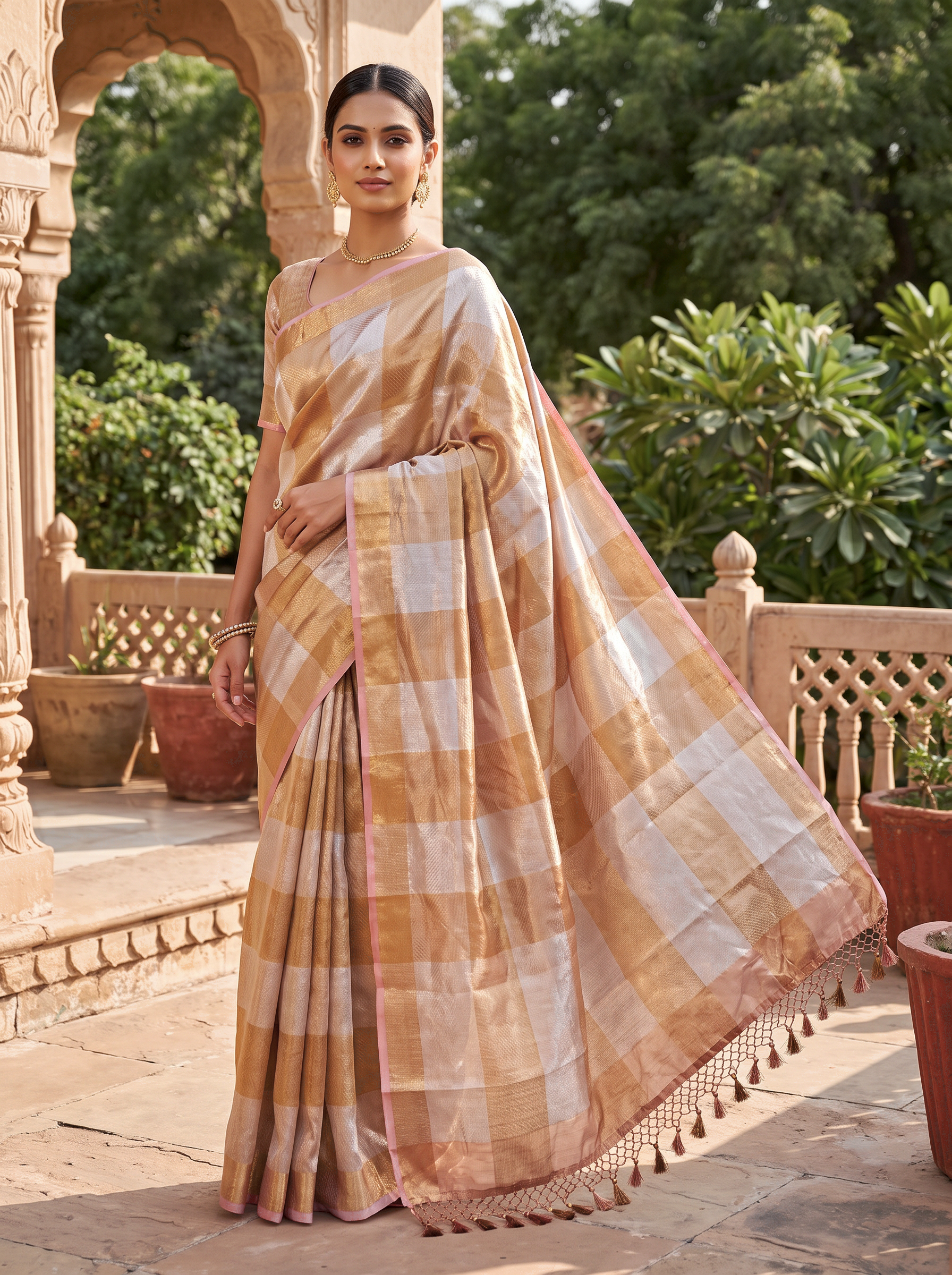 Pure Tissue Silk Saree | Brick Red + Peach Brocade Woven Zari | Contrast Zari Border | Pahiza Sarees image 4