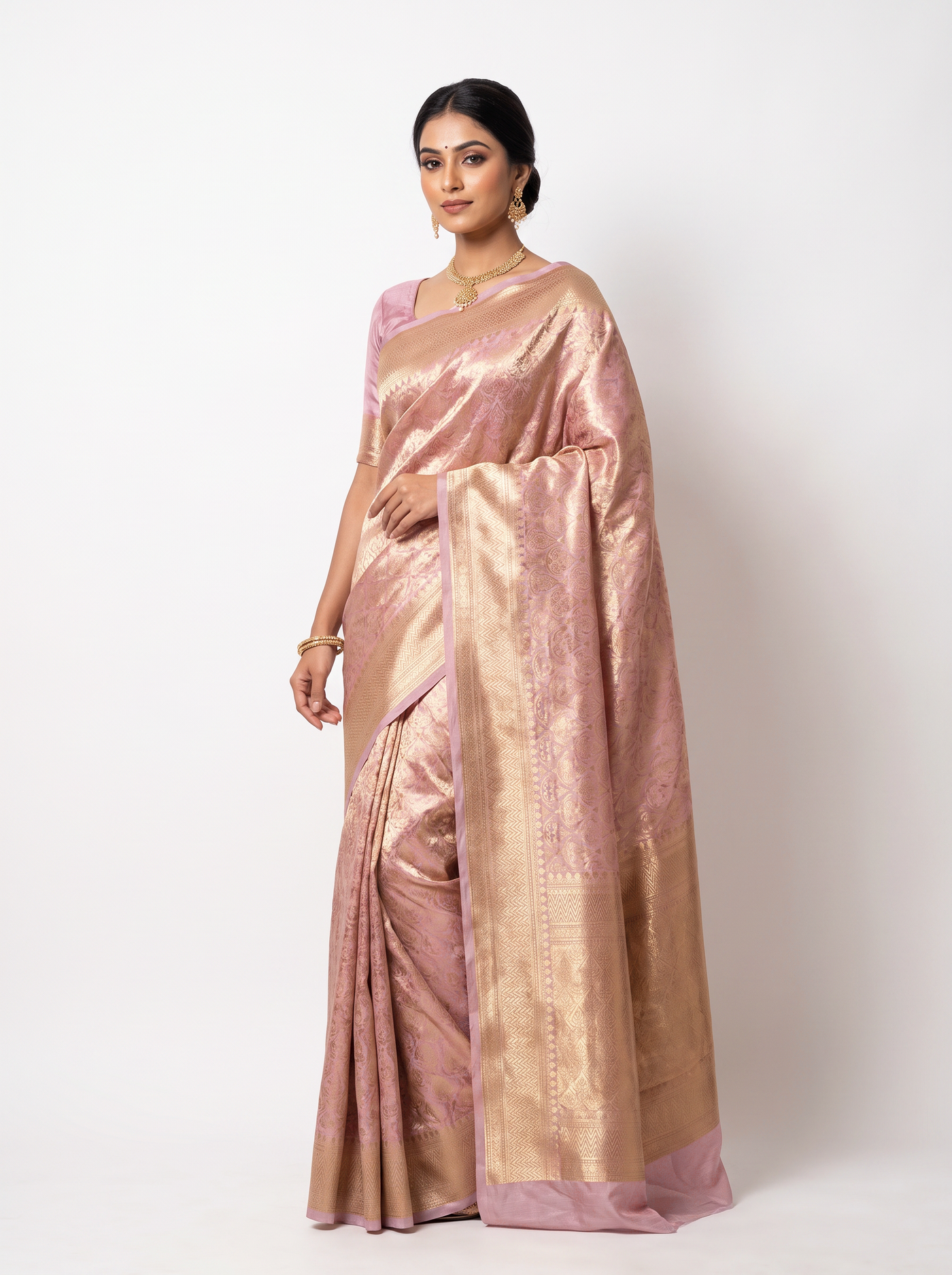 Brick Red + Peach pure tissue silk brocade saree with woven zari