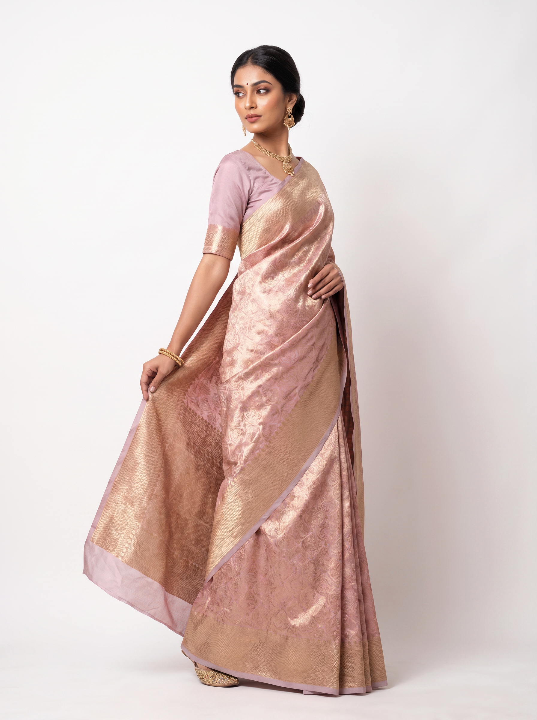 Pure Tissue Silk Saree | Brick Red + Peach Brocade Woven Zari | Coordinated Zari Border | Pahiza Sarees image 2