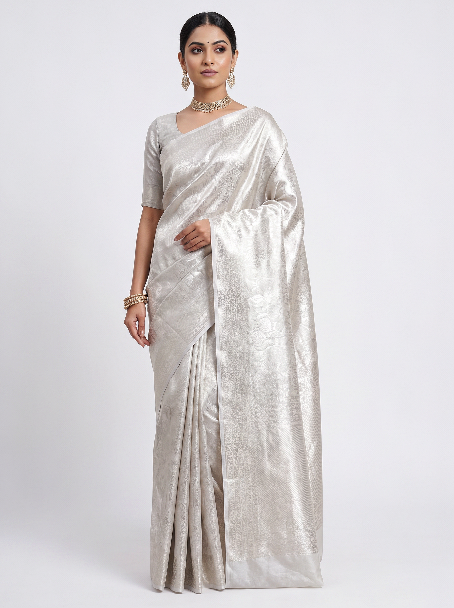 Silver Grey + Grey + Peach pure tissue silk brocade saree with woven zari