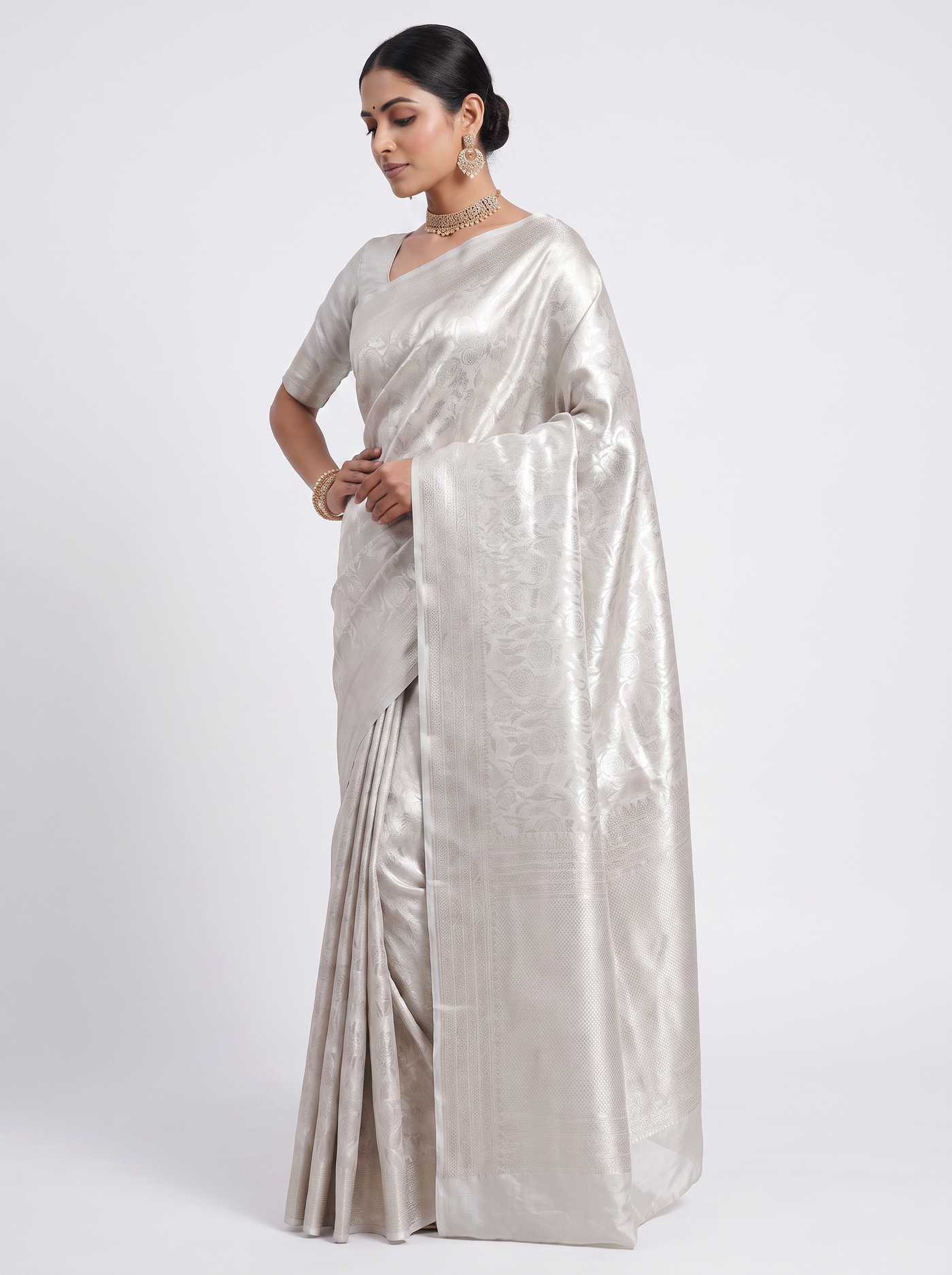Pure Tissue Silk Saree | Silver Grey + Grey + Peach Brocade Woven Zari | Contrast Zari Border | Pahiza Sarees image 2