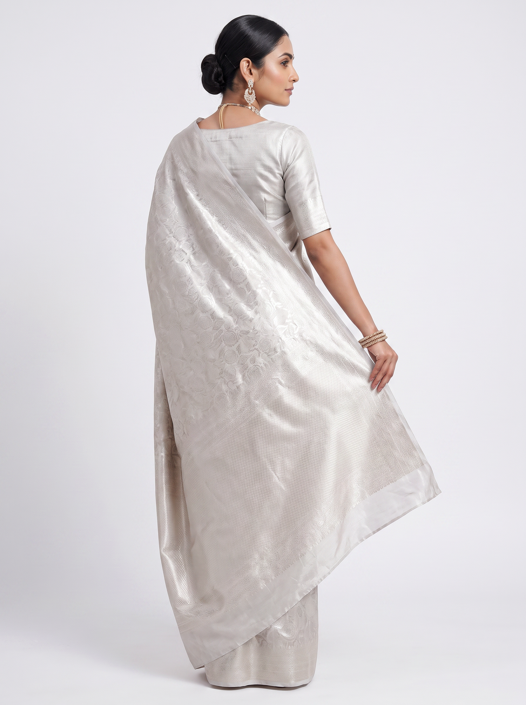 Pure Tissue Silk Saree | Silver Grey + Grey + Peach Brocade Woven Zari | Contrast Zari Border | Pahiza Sarees image 3