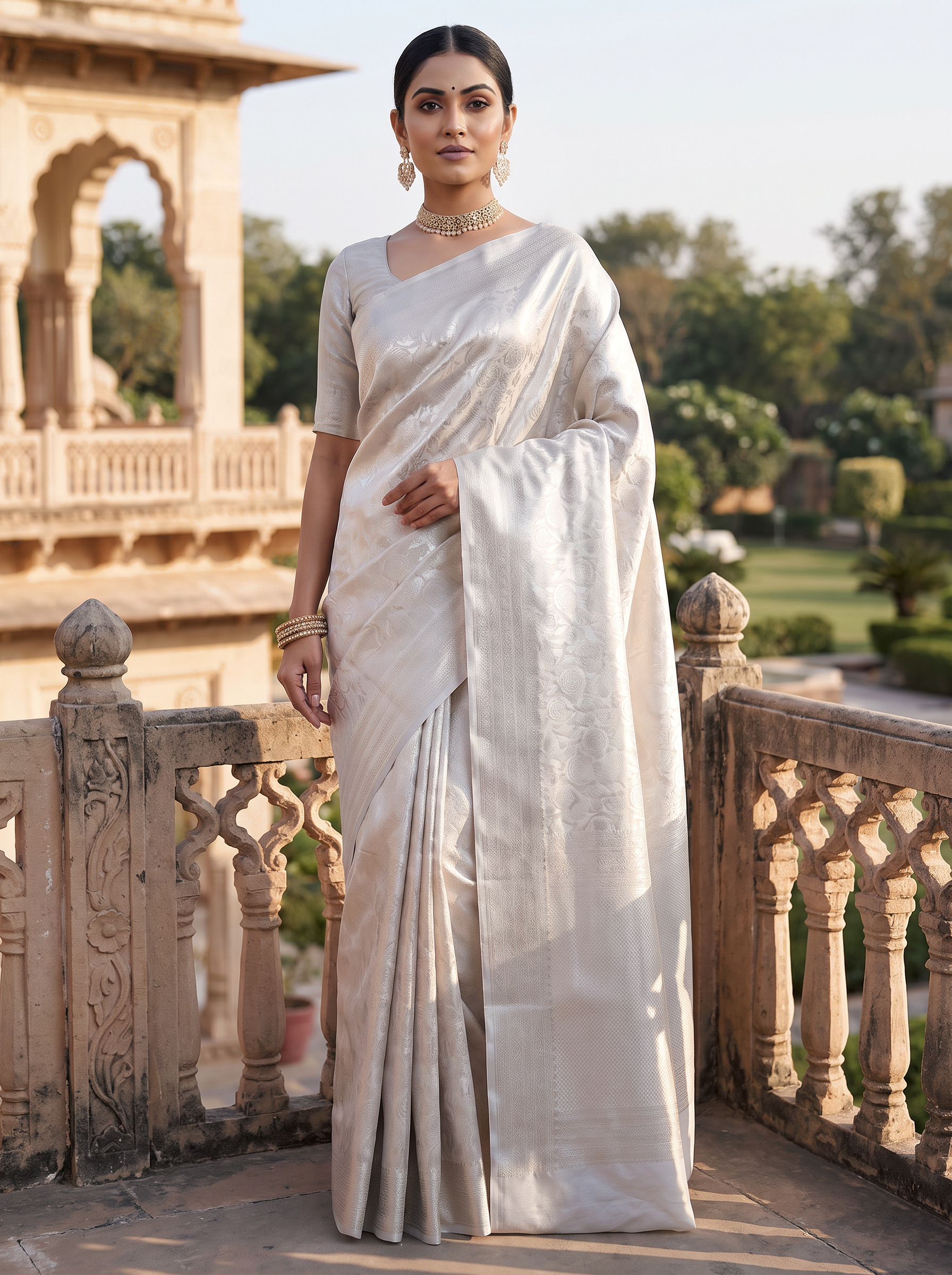 Pure Tissue Silk Saree | Silver Grey + Grey + Peach Brocade Woven Zari | Contrast Zari Border | Pahiza Sarees image 4