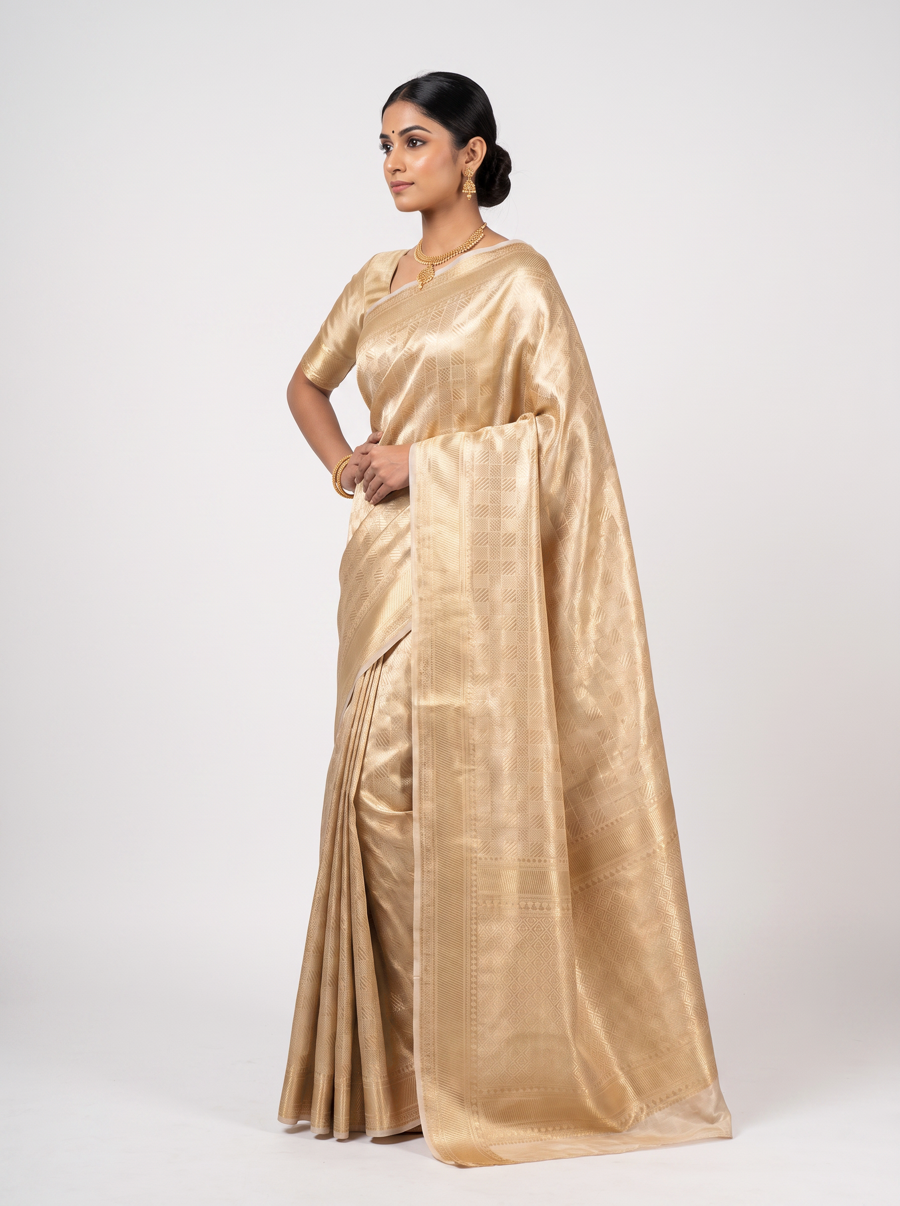 Pure Tissue Silk Saree | Peach Brocade Woven Zari | Contrast Zari Border | Pahiza Sarees image 2