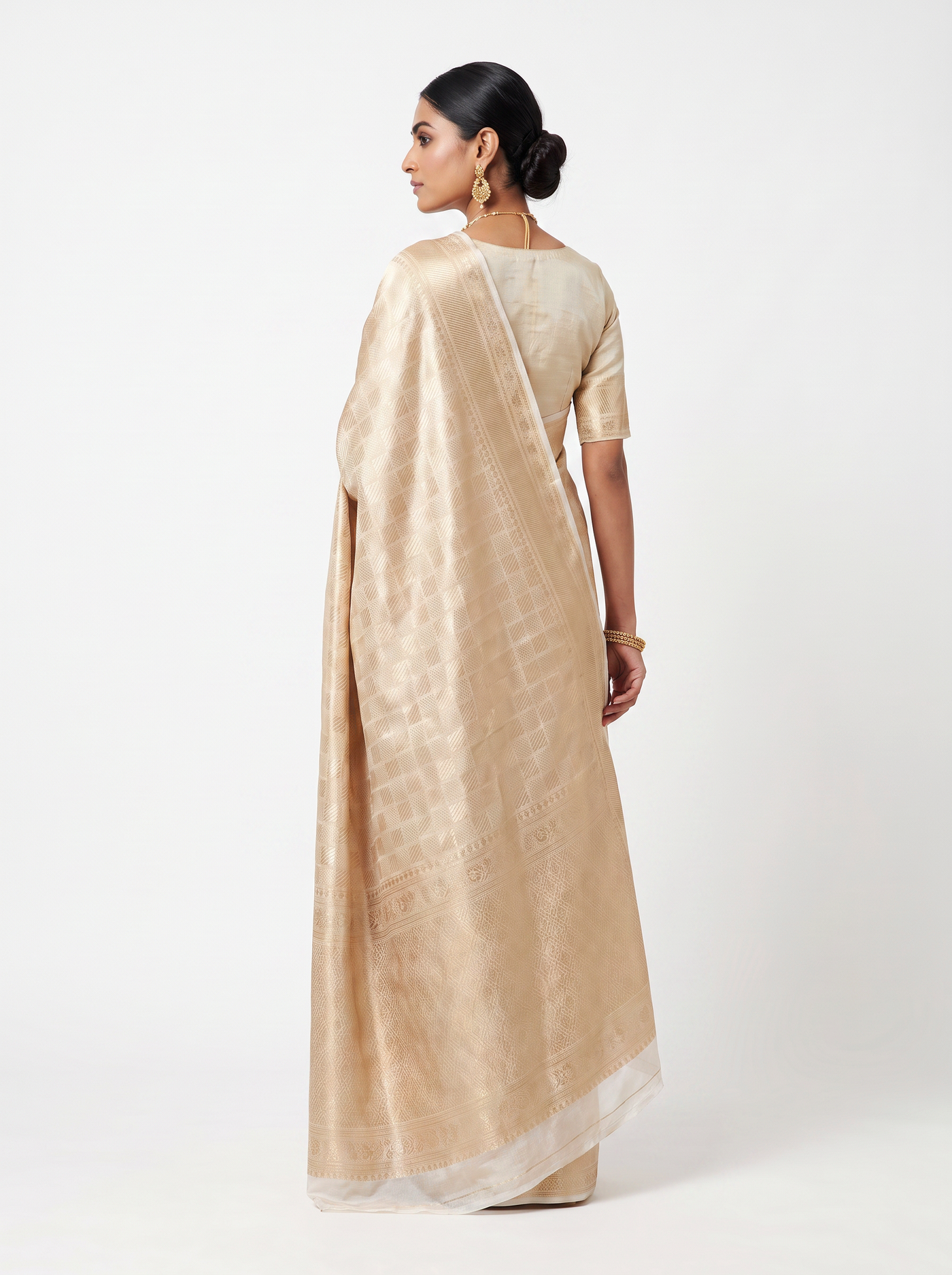 Pure Tissue Silk Saree | Peach Brocade Woven Zari | Contrast Zari Border | Pahiza Sarees image 3