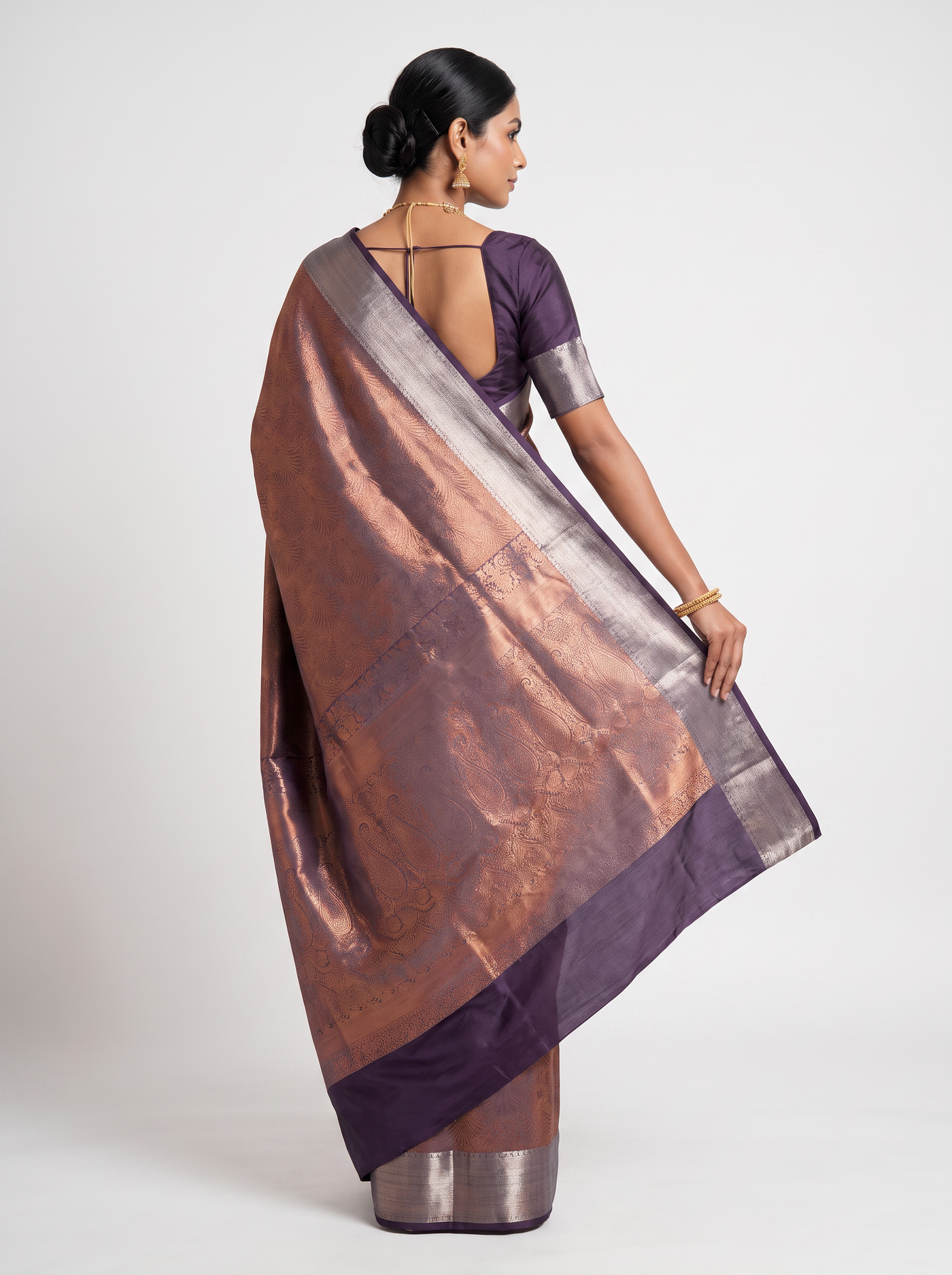 Pure Tissue Silk Saree | Teal Blue + Plum Brocade Woven Zari | Coordinated Zari Border | Pahiza Sarees image 3