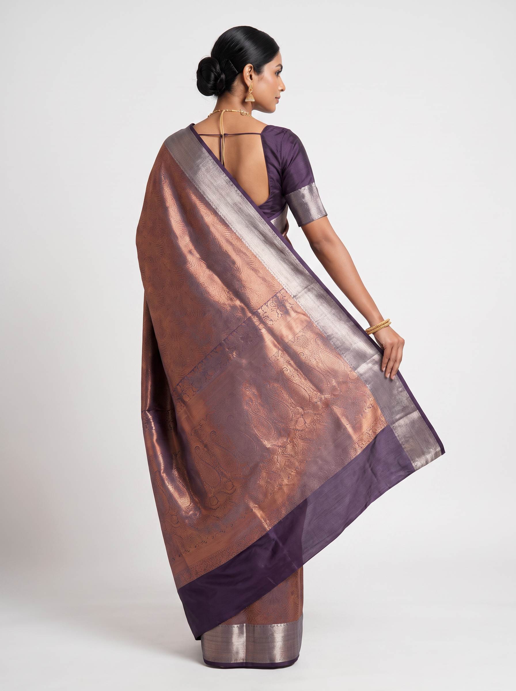 Pure Tissue Silk Saree | Teal Blue + Plum Brocade Woven Zari | Coordinated Zari Border | Pahiza Sarees image 3