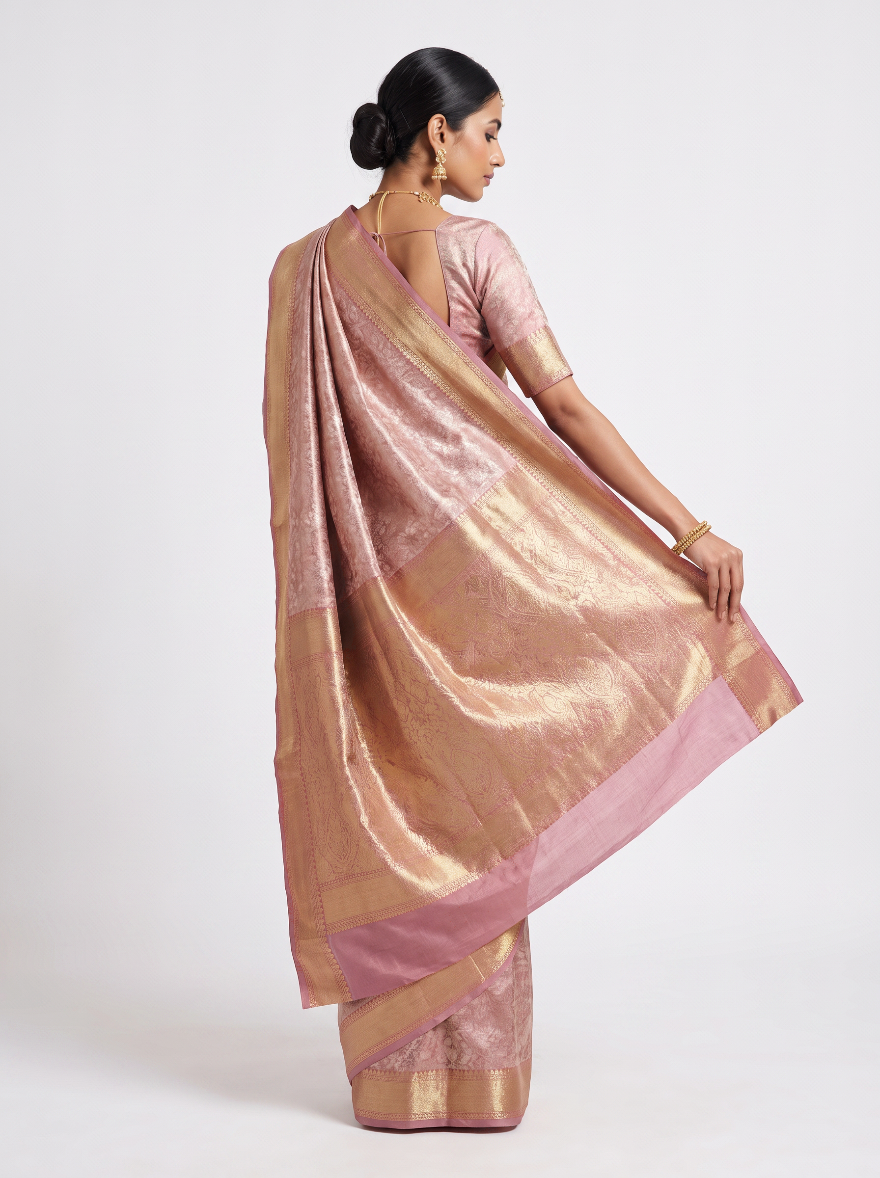Pure Tissue Silk Saree | Terracotta + Grey Brocade Woven Zari | Contrast Zari Border | Pahiza Sarees image 3