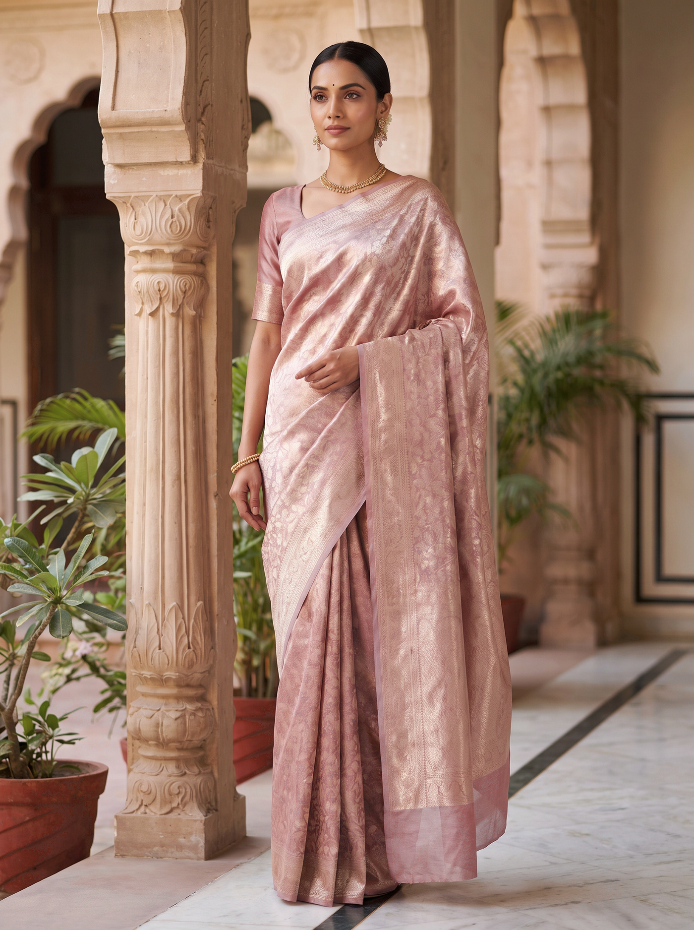 Pure Tissue Silk Saree | Terracotta + Grey Brocade Woven Zari | Contrast Zari Border | Pahiza Sarees image 4